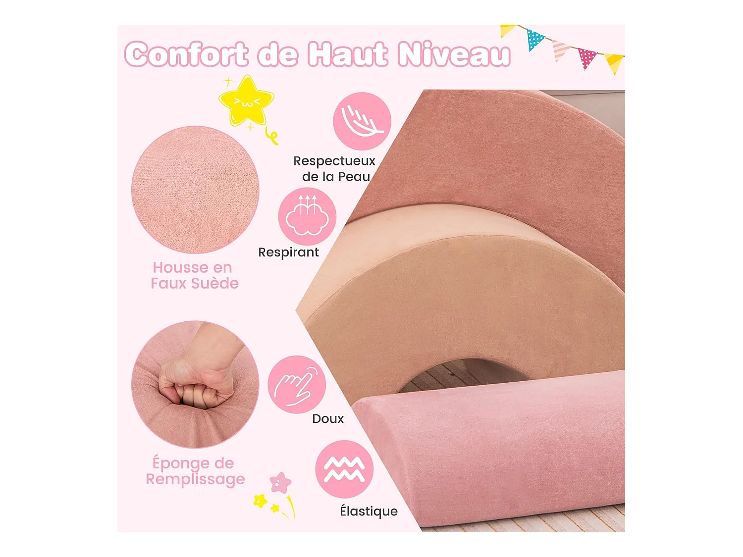 3PCS Parcours Motricité Bébé en Forme Arc-en-Ciel avec Housse, Module Motricité Bébé avec Combinaison Libre, Jouets Éducatifs Montessori, 18 Mois+ (Rose)