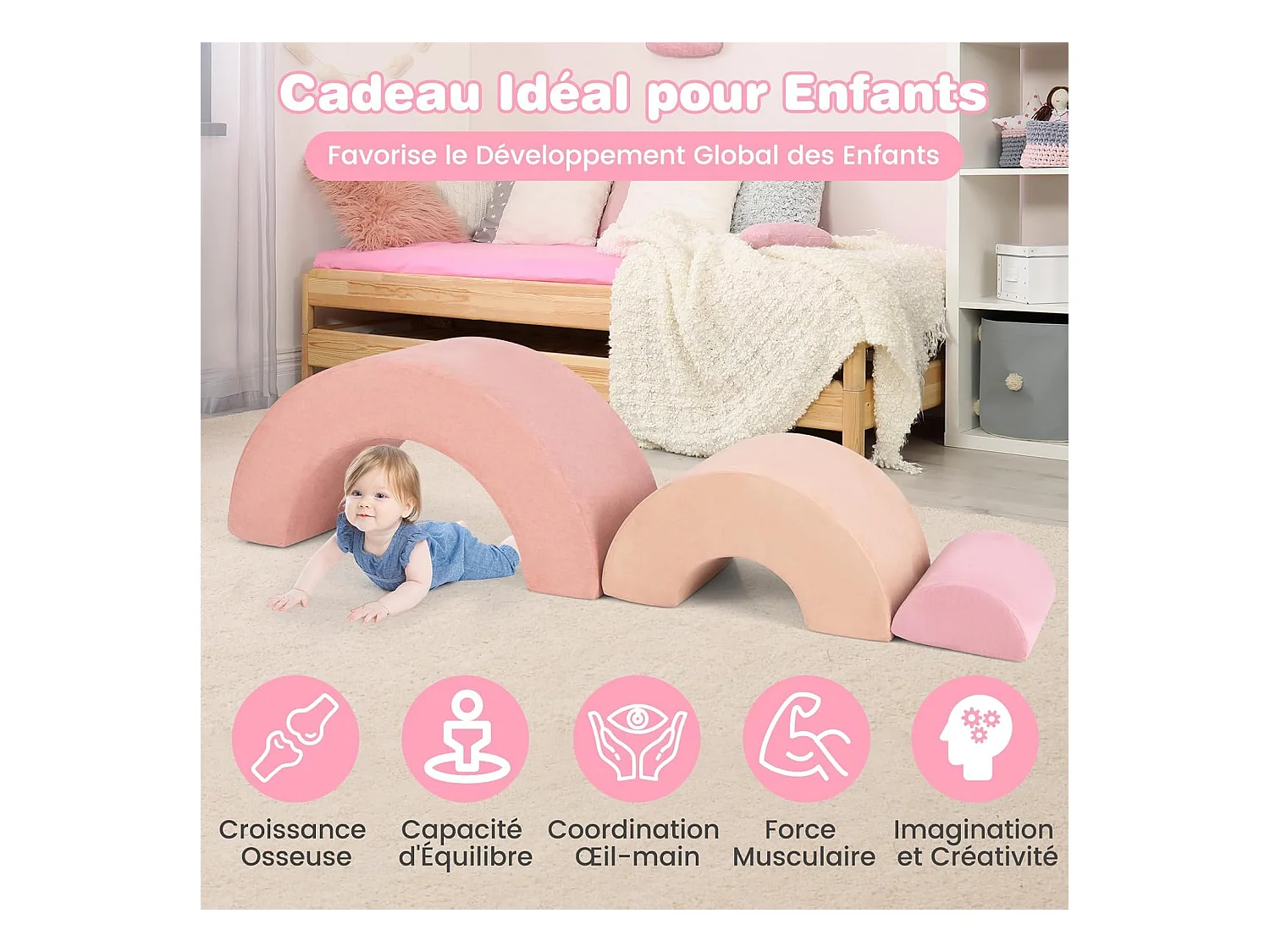 3PCS Parcours Motricité Bébé en Forme Arc-en-Ciel avec Housse, Module Motricité Bébé avec Combinaison Libre, Jouets Éducatifs Montessori, 18 Mois+ (Rose)
