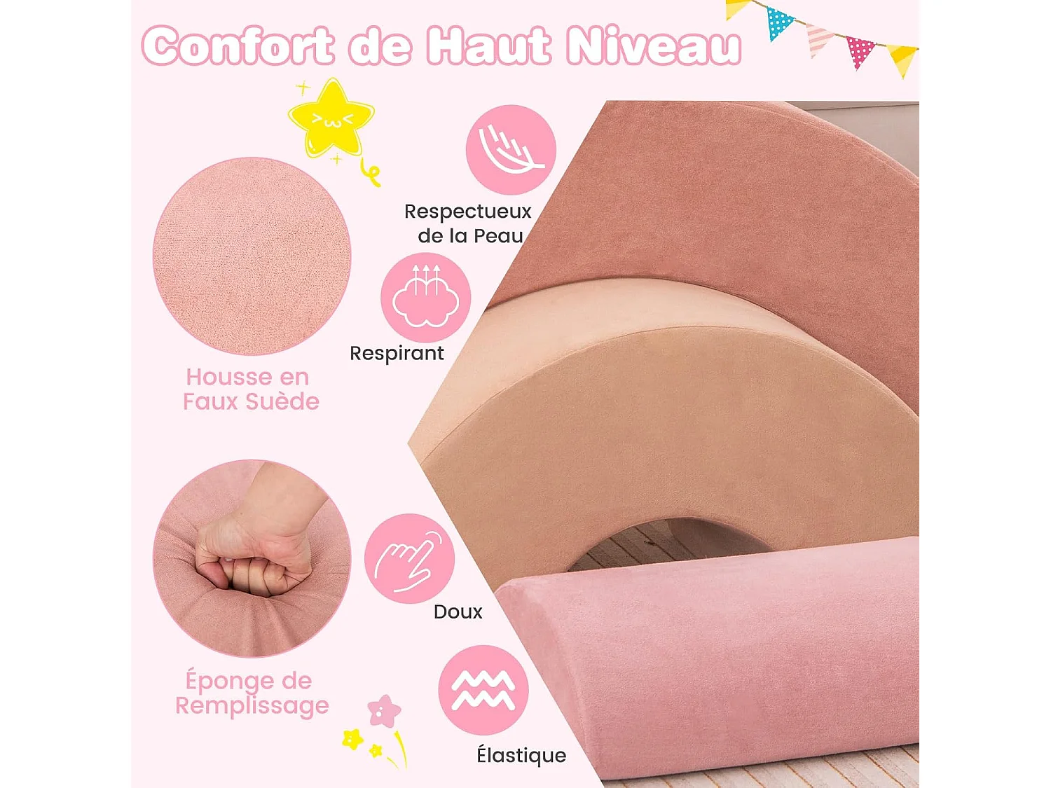 3PCS Parcours Motricité Bébé en Forme Arc-en-Ciel avec Housse, Module Motricité Bébé avec Combinaison Libre, Jouets Éducatifs Montessori, 18 Mois+ (Rose)