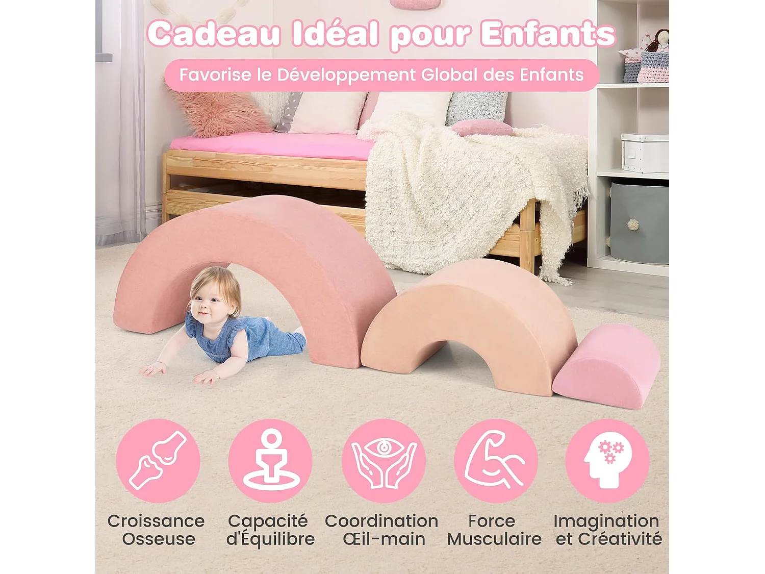 3PCS Parcours Motricité Bébé en Forme Arc-en-Ciel avec Housse, Module Motricité Bébé avec Combinaison Libre, Jouets Éducatifs Montessori, 18 Mois+ (Rose)