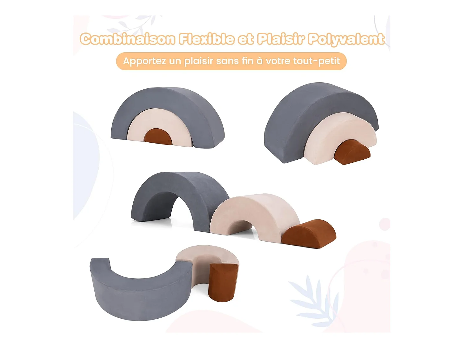 3PCS Parcours Motricité Bébé en Forme Arc-en-Ciel avec Housse, Module Motricité Bébé avec Combinaison Libre, Jouets Éducatifs Montessori, 18 Mois+ (Gris)