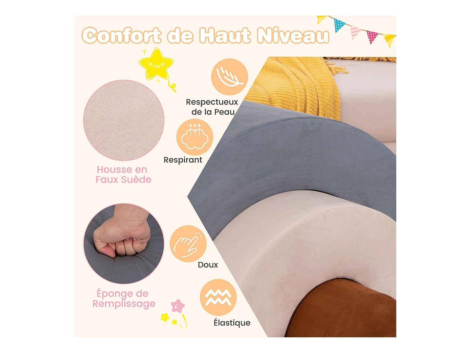 3PCS Parcours Motricité Bébé en Forme Arc-en-Ciel avec Housse, Module Motricité Bébé avec Combinaison Libre, Jouets Éducatifs Montessori, 18 Mois+ (Gris)