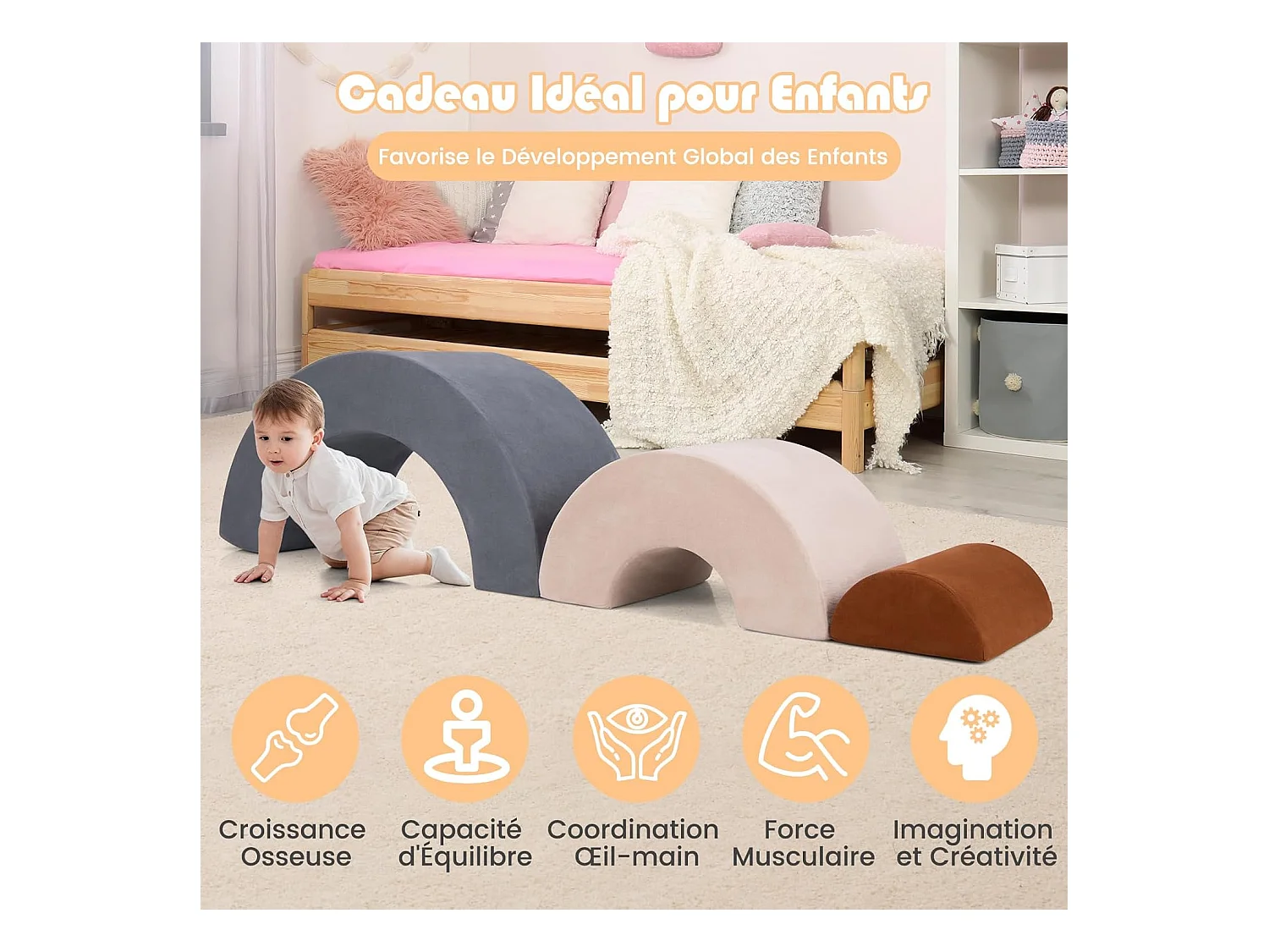 3PCS Parcours Motricité Bébé en Forme Arc-en-Ciel avec Housse, Module Motricité Bébé avec Combinaison Libre, Jouets Éducatifs Montessori, 18 Mois+ (Gris)