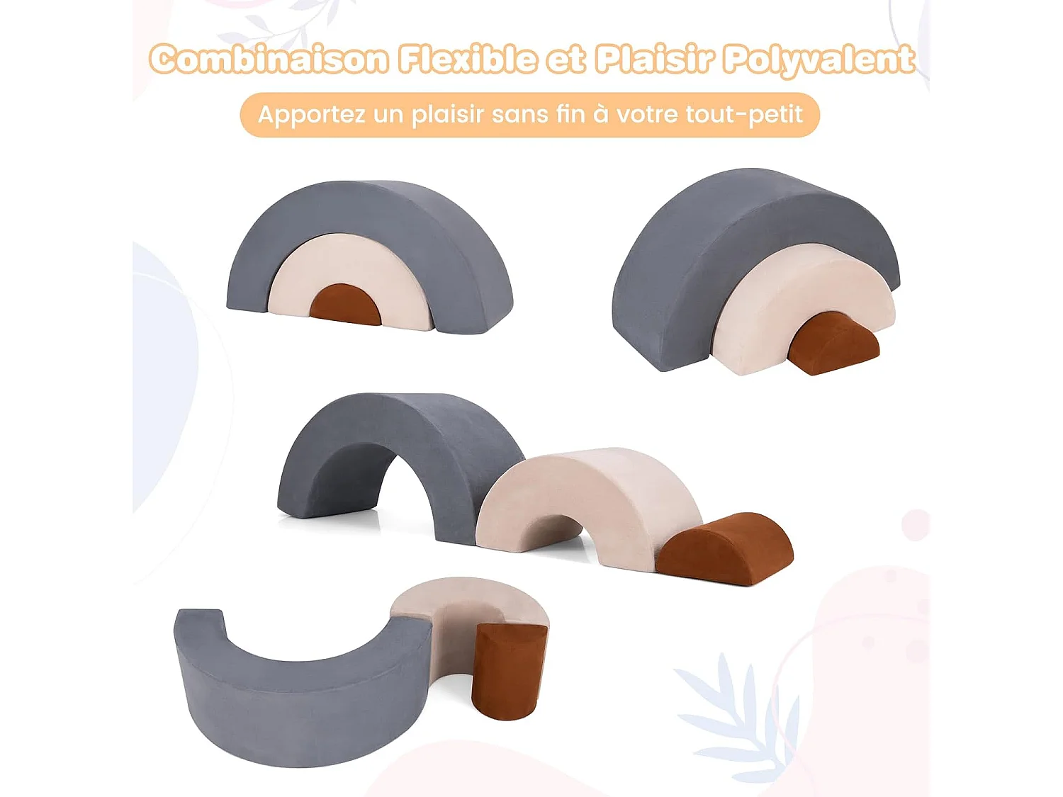 3PCS Parcours Motricité Bébé en Forme Arc-en-Ciel avec Housse, Module Motricité Bébé avec Combinaison Libre, Jouets Éducatifs Montessori, 18 Mois+ (Gris)