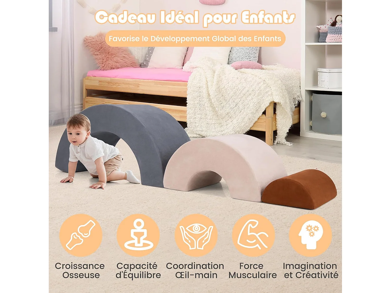 3PCS Parcours Motricité Bébé en Forme Arc-en-Ciel avec Housse, Module Motricité Bébé avec Combinaison Libre, Jouets Éducatifs Montessori, 18 Mois+ (Gris)