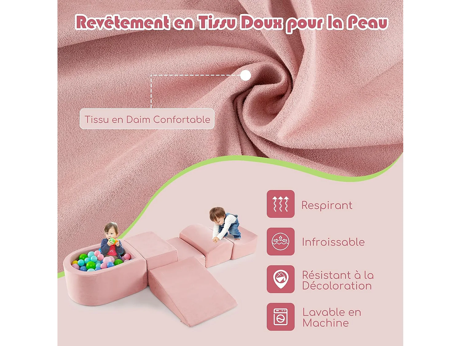 5PCS Aire de Jeux en Mousse Enfants avec Piscine à Balles, Blocs d'escalade en Mousse avec Housses, sans Balles, Blocs en Mousse (Rose)