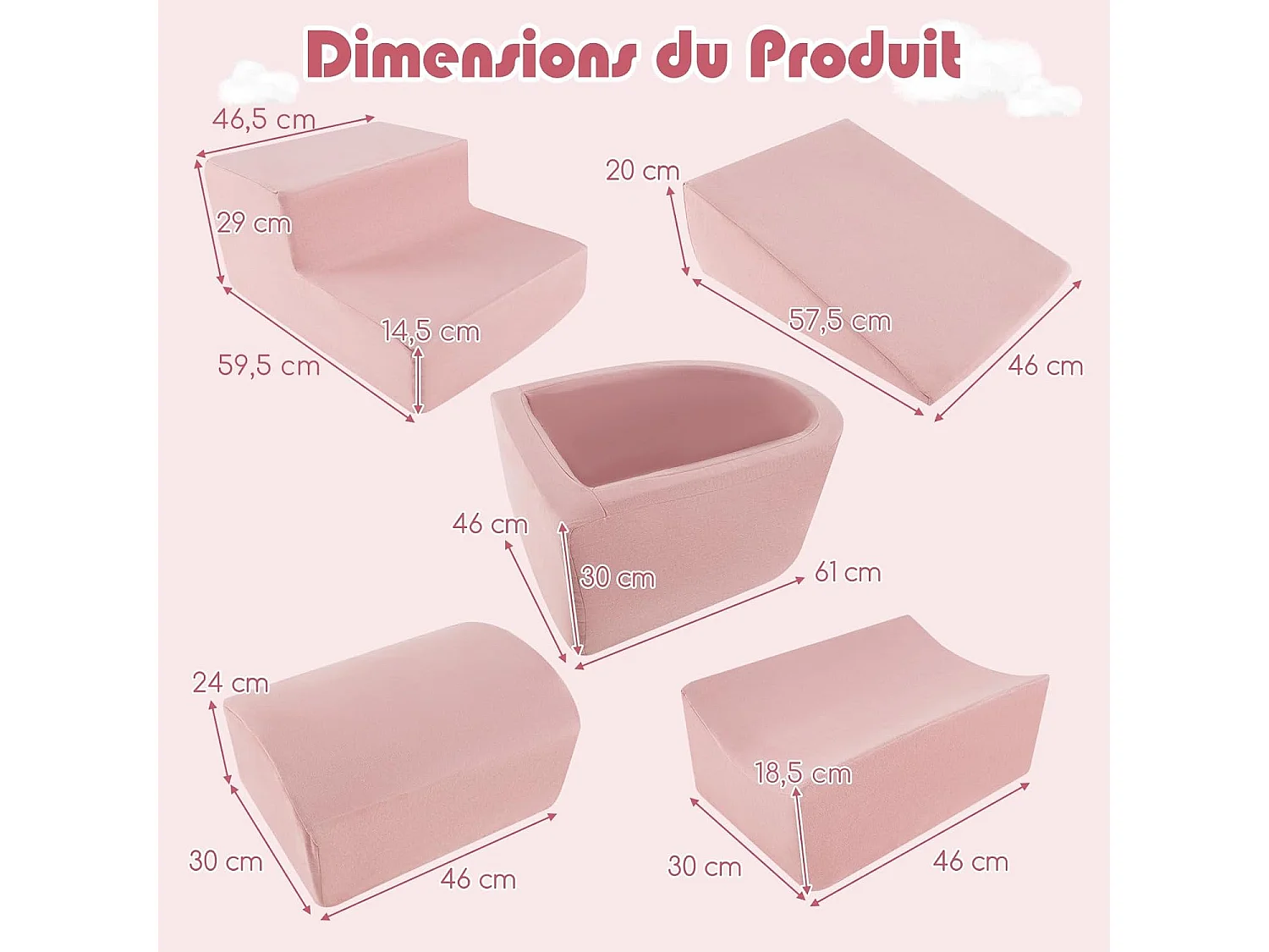 5PCS Aire de Jeux en Mousse Enfants avec Piscine à Balles, Blocs d'escalade en Mousse avec Housses, sans Balles, Blocs en Mousse (Rose)