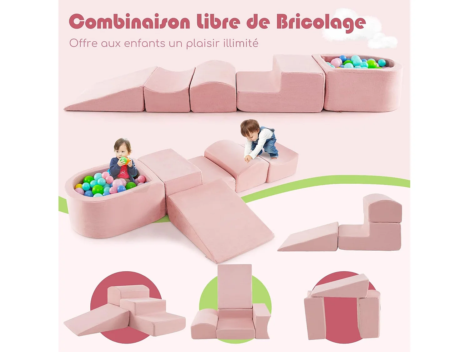 5 stuks schuimrubberen speeltoestellen voor kinderen met ballenbak, schuimrubberen klimblokken met afdekkingen, zonder ballen, schuimrubberen blokken (roze)