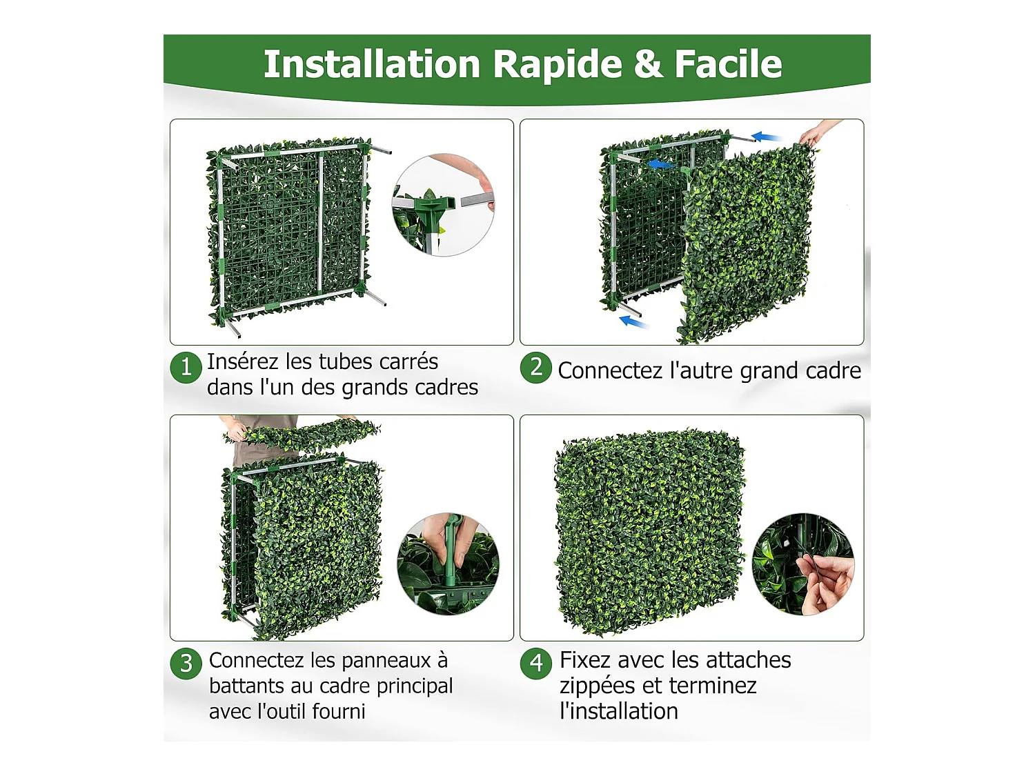 Clôture en Feuillage Artificielle 92 x 38 x 86 cm avec Feuilles en PE Réalistes, Mur Végétal en Buis Artificiel avec Tubes en Aluminium Attaches Zippées