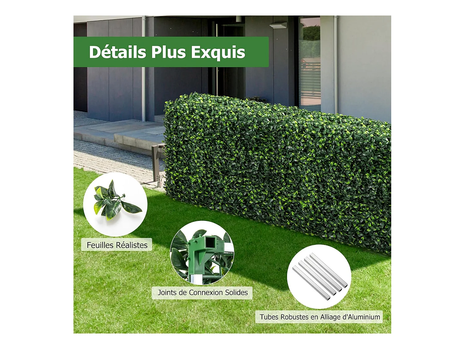 Clôture en Feuillage Artificielle 92 x 38 x 86 cm avec Feuilles en PE Réalistes, Mur Végétal en Buis Artificiel avec Tubes en Aluminium Attaches Zippées