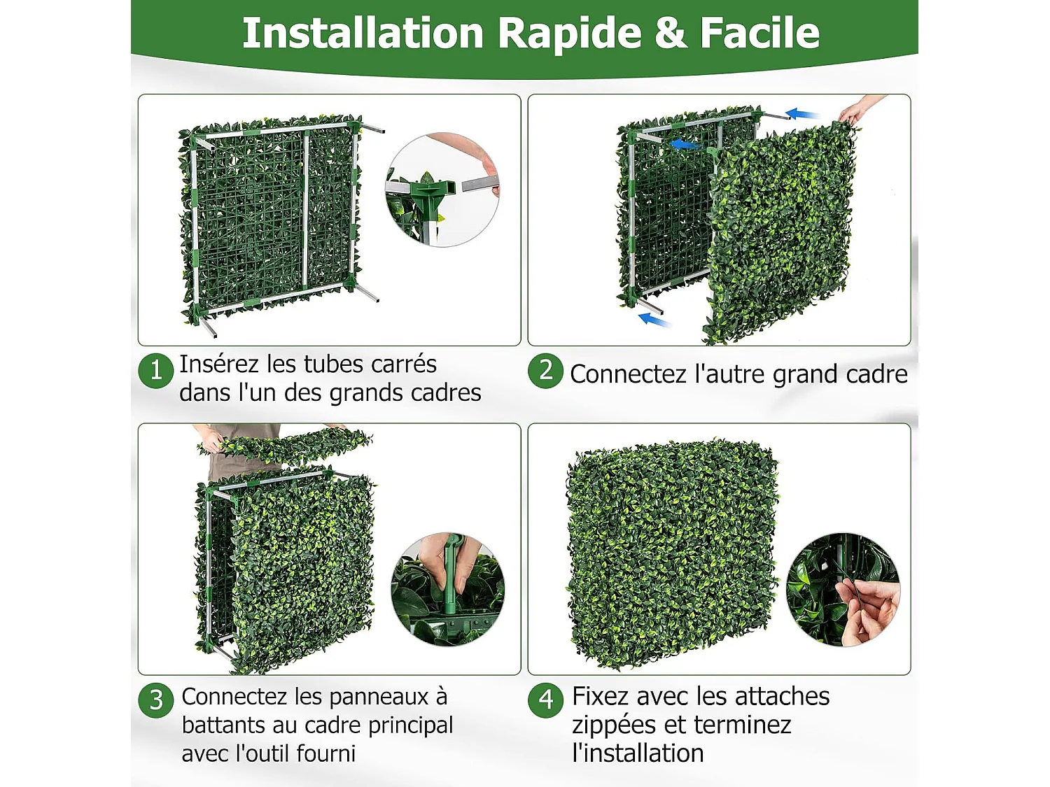 Clôture en Feuillage Artificielle 92 x 38 x 86 cm avec Feuilles en PE Réalistes, Mur Végétal en Buis Artificiel avec Tubes en Aluminium Attaches Zippées