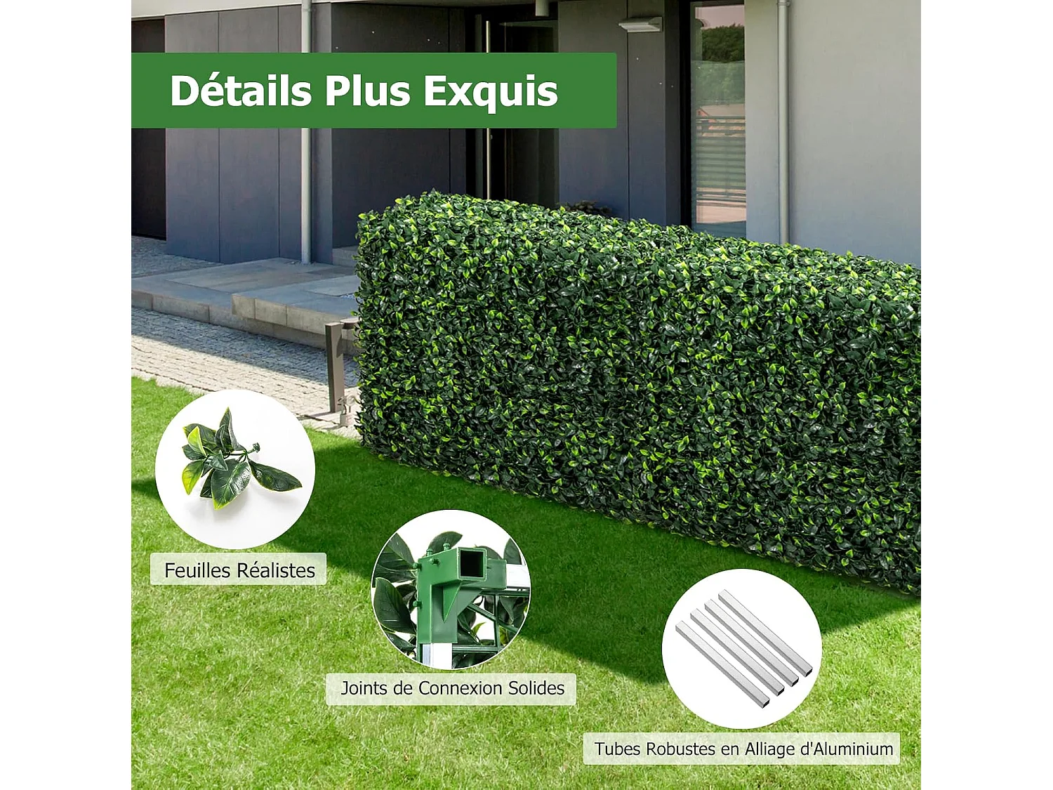 Clôture en Feuillage Artificielle 92 x 38 x 86 cm avec Feuilles en PE Réalistes, Mur Végétal en Buis Artificiel avec Tubes en Aluminium Attaches Zippées