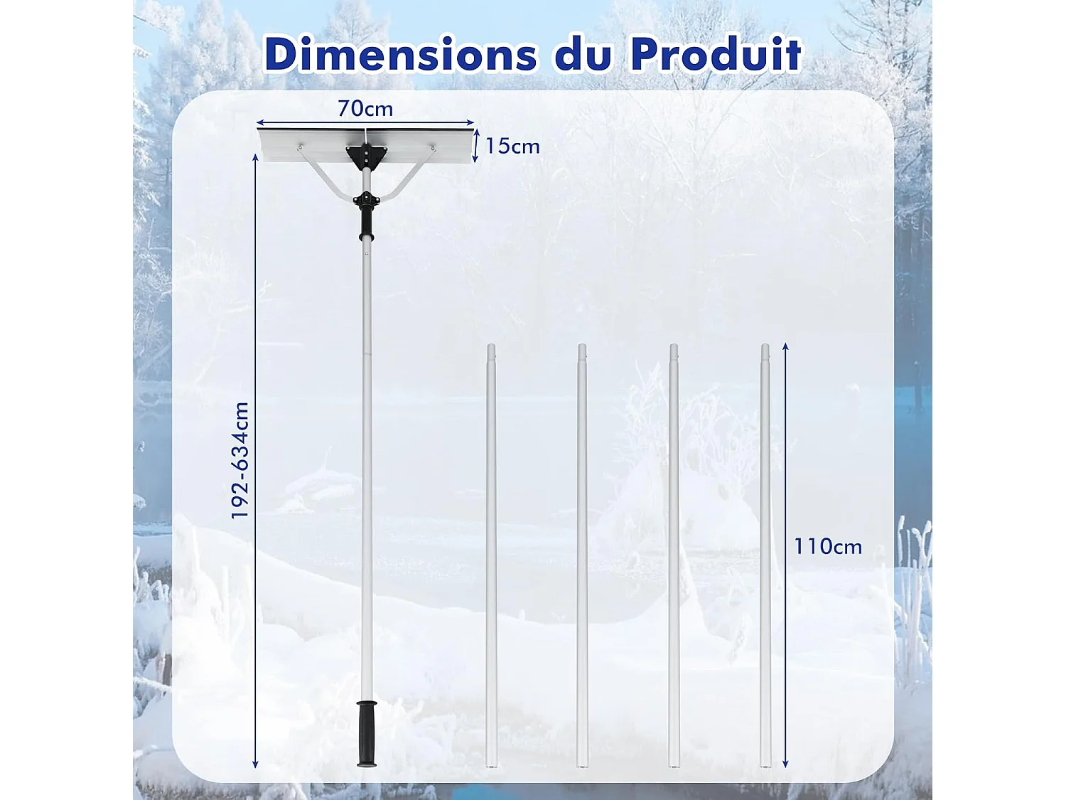 Râteau à Neige en Aluminium, Déneigement de Toit avec Tête Large et Repliable Longueur Max 634 cm 5 Tiges Amovibles, Outil de Nettoyage de Toit Poignée Rétractable