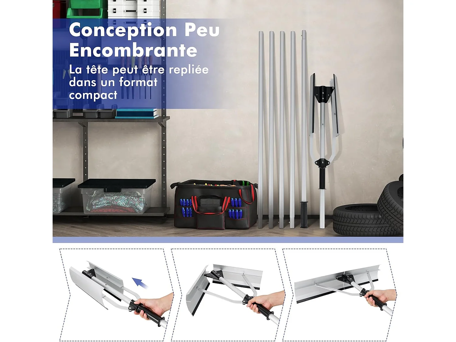 Râteau à Neige en Aluminium, Déneigement de Toit avec Tête Large et Repliable Longueur Max 634 cm 5 Tiges Amovibles, Outil de Nettoyage de Toit Poignée Rétractable