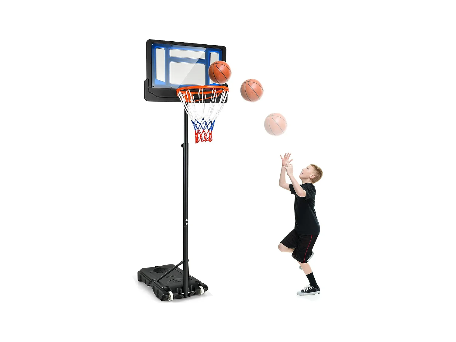 Panier de Basketball sur Pieds avec Hauteur Réglable 90-210 CM, Support de Basket à roulettes avec Base Remplissable Panneau en PE, pour Adultes ou 3 Ans+ (Bleu)
