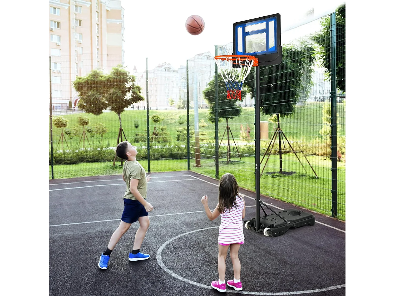 Panier de Basketball sur Pieds avec Hauteur Réglable 90-210 CM, Support de Basket à roulettes avec Base Remplissable Panneau en PE, pour Adultes ou 3 Ans+ (Bleu)