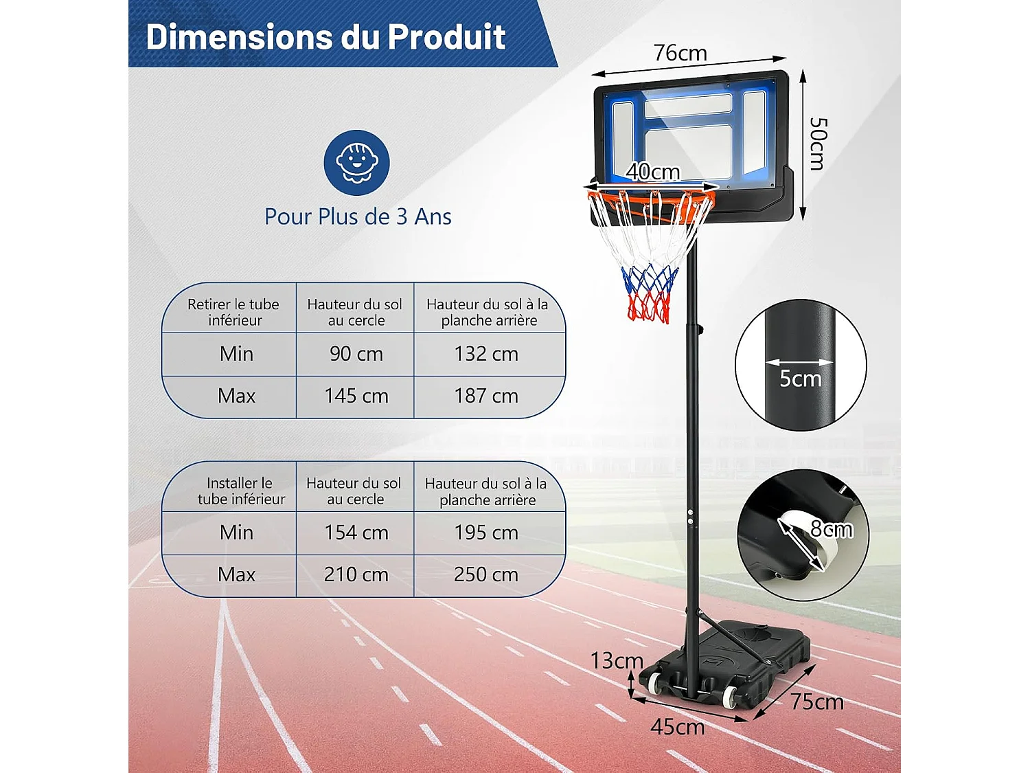 Panier de Basketball sur Pieds avec Hauteur Réglable 90-210 CM, Support de Basket à roulettes avec Base Remplissable Panneau en PE, pour Adultes ou 3 Ans+ (Bleu)