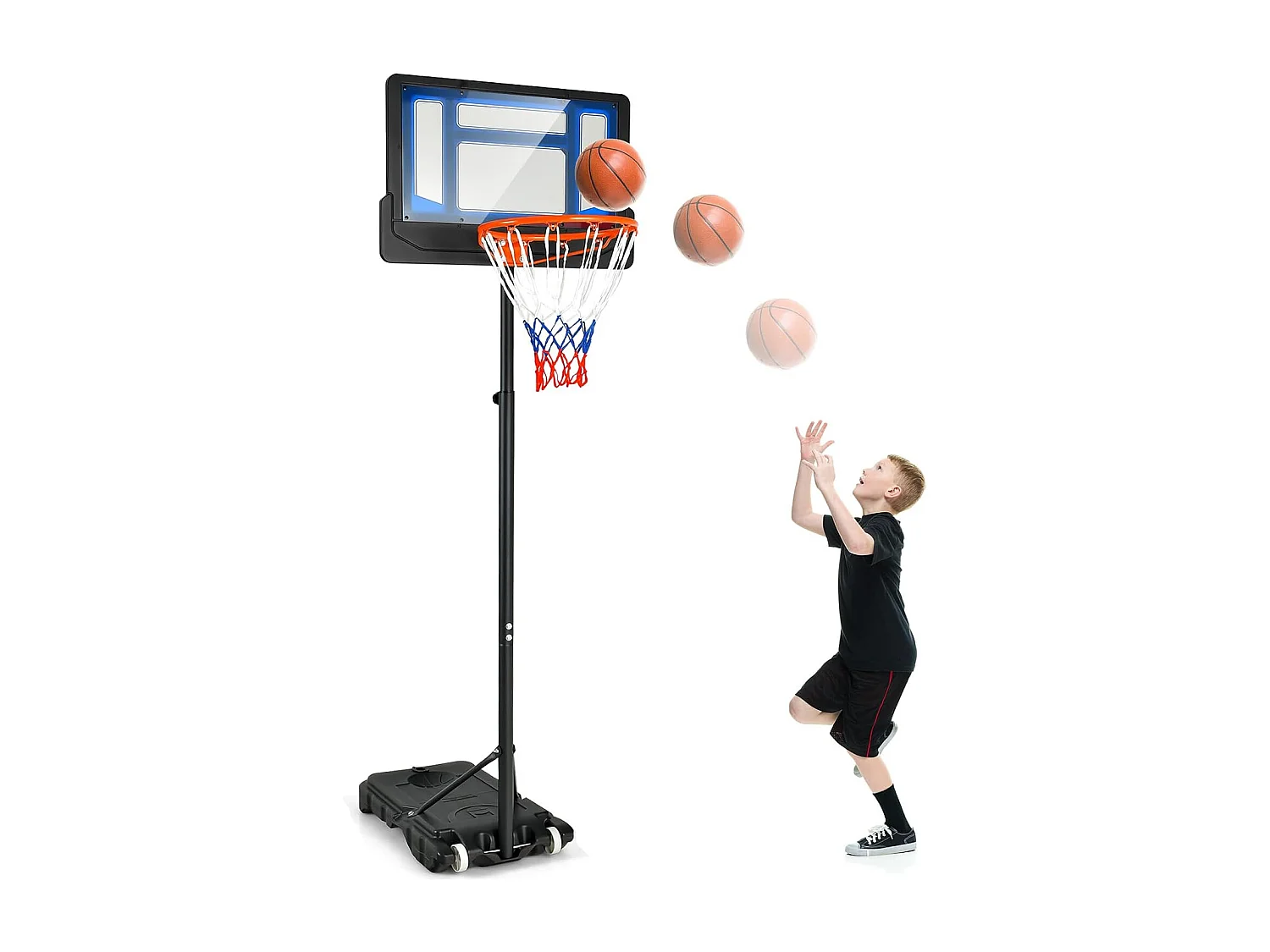 Panier de Basketball sur Pieds avec Hauteur Réglable 90-210 CM, Support de Basket à roulettes avec Base Remplissable Panneau en PE, pour Adultes ou 3 Ans+ (Bleu)