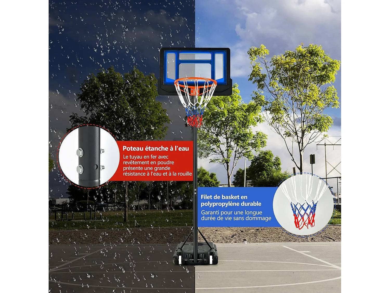 Panier de Basketball sur Pieds avec Hauteur Réglable 90-210 CM, Support de Basket à roulettes avec Base Remplissable Panneau en PE, pour Adultes ou 3 Ans+ (Bleu)