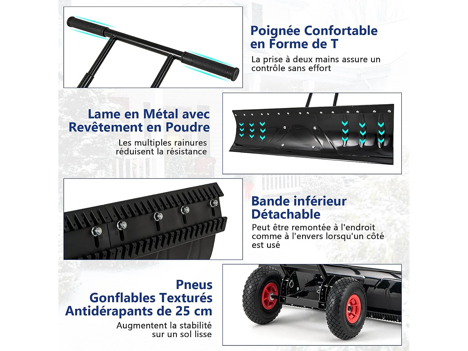 Pelle à Neige en Métal de 91,5 cm avec Roues, Pelle Déneigement avec Poignée Réglable en Hauteur et en Angle pour Un Déneigement Efficace