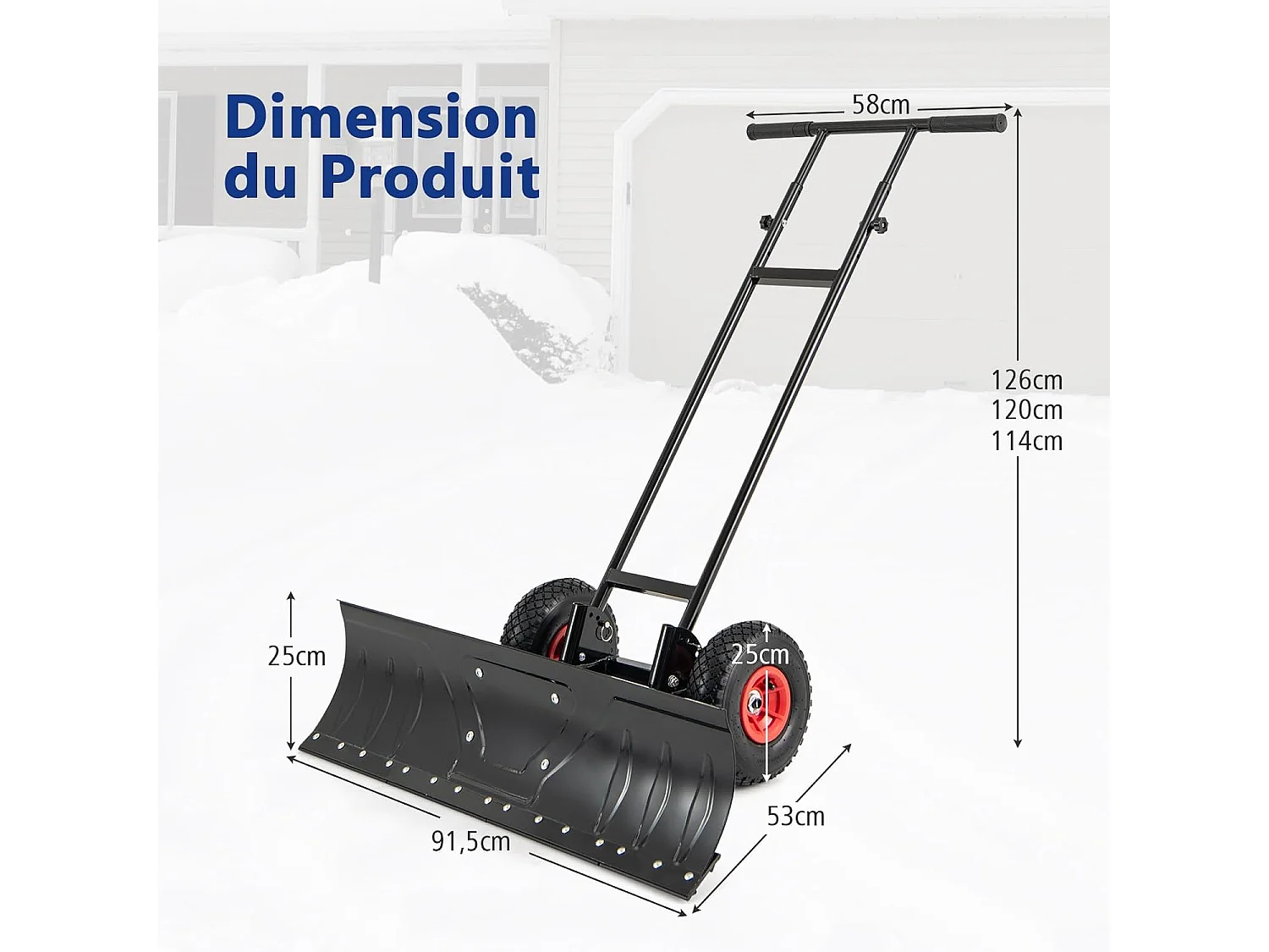 Pelle à Neige en Métal de 91,5 cm avec Roues, Pelle Déneigement avec Poignée Réglable en Hauteur et en Angle pour Un Déneigement Efficace