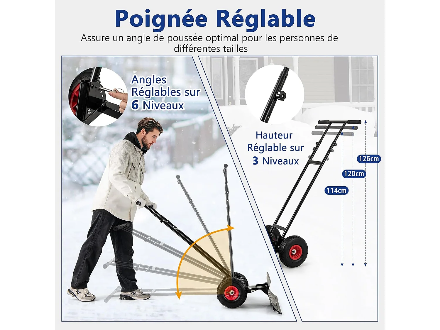 Pelle à Neige en Métal de 91,5 cm avec Roues, Pelle Déneigement avec Poignée Réglable en Hauteur et en Angle pour Un Déneigement Efficace