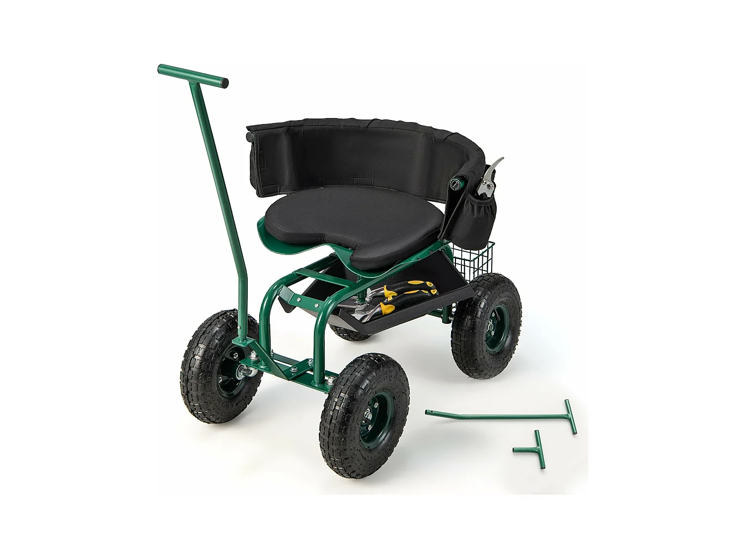 Siège de Jardin Roulant avec 2 Poignées de Direction, Chariot de Jardin avec Siège Pivotant à 360° Coussin Panier Plateau à Outils, 90 x 59 x 106 cm, Vert