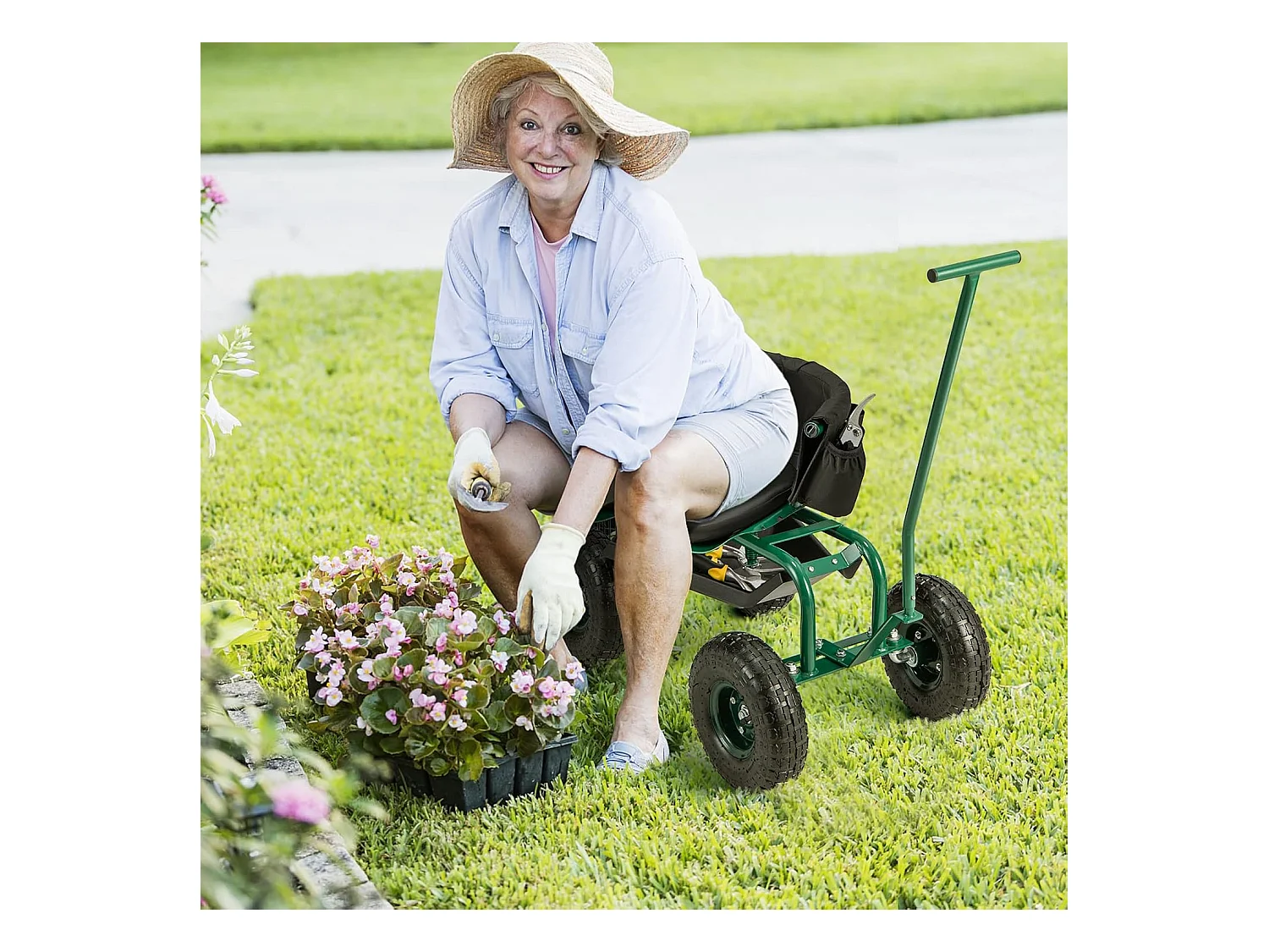 Siège de Jardin Roulant avec 2 Poignées de Direction, Chariot de Jardin avec Siège Pivotant à 360° Coussin Panier Plateau à Outils, 90 x 59 x 106 cm, Vert