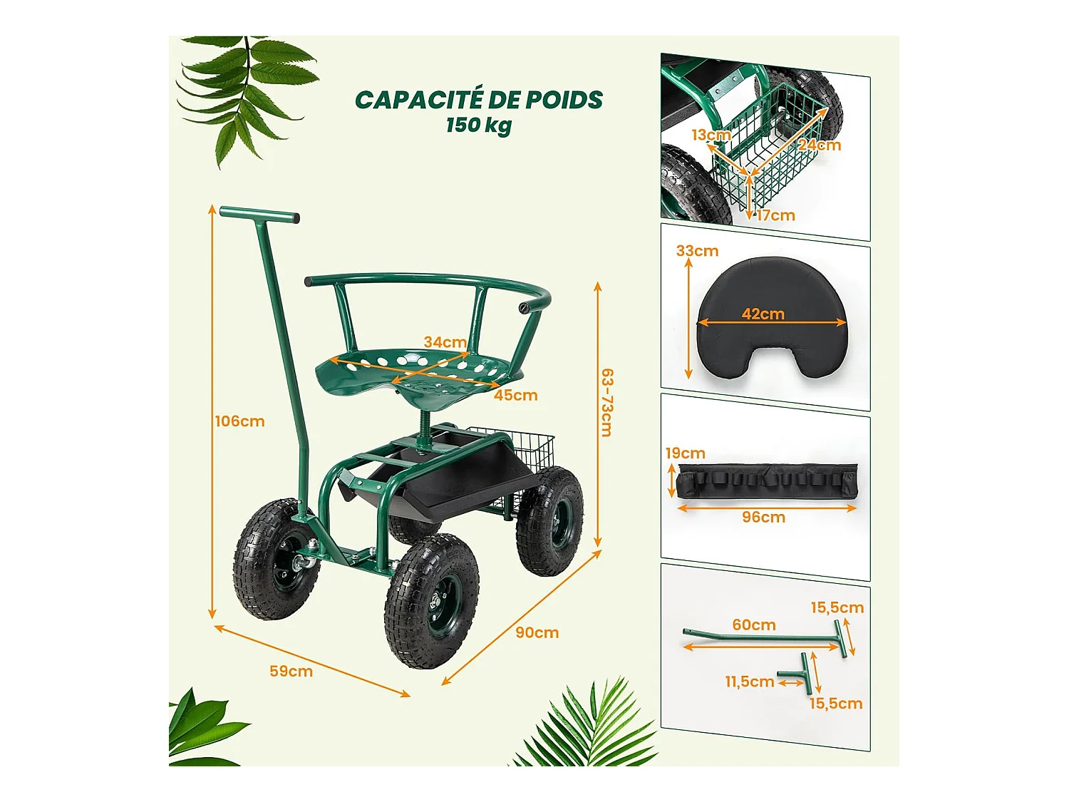Siège de Jardin Roulant avec 2 Poignées de Direction, Chariot de Jardin avec Siège Pivotant à 360° Coussin Panier Plateau à Outils, 90 x 59 x 106 cm, Vert