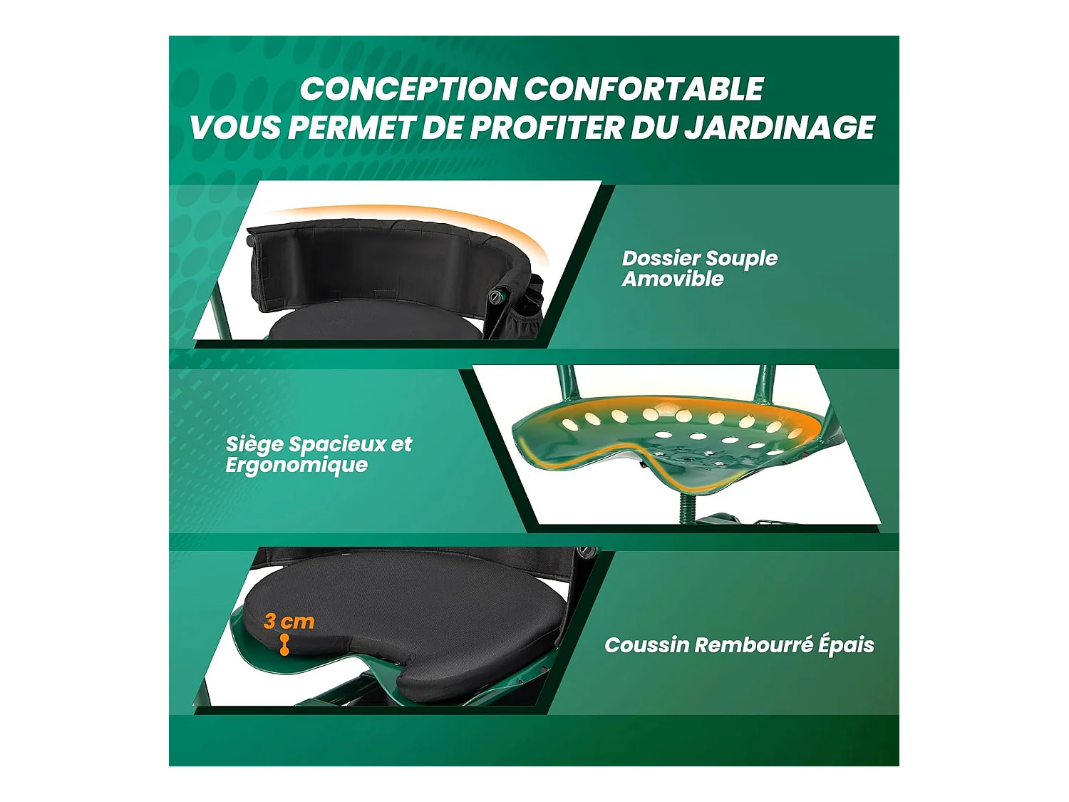 Siège de Jardin Roulant avec 2 Poignées de Direction, Chariot de Jardin avec Siège Pivotant à 360° Coussin Panier Plateau à Outils, 90 x 59 x 106 cm, Vert