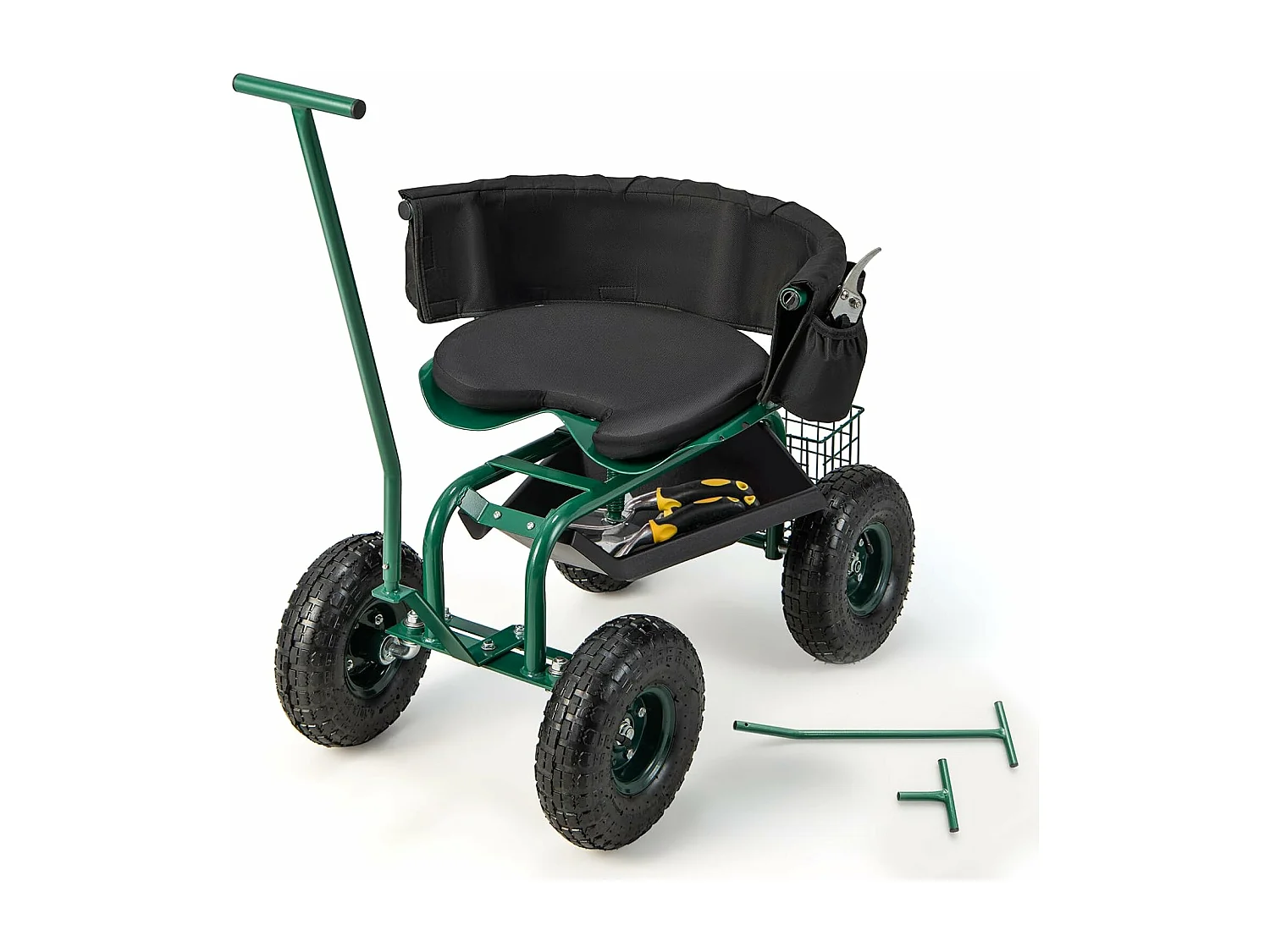 Siège de Jardin Roulant avec 2 Poignées de Direction, Chariot de Jardin avec Siège Pivotant à 360° Coussin Panier Plateau à Outils, 90 x 59 x 106 cm, Vert