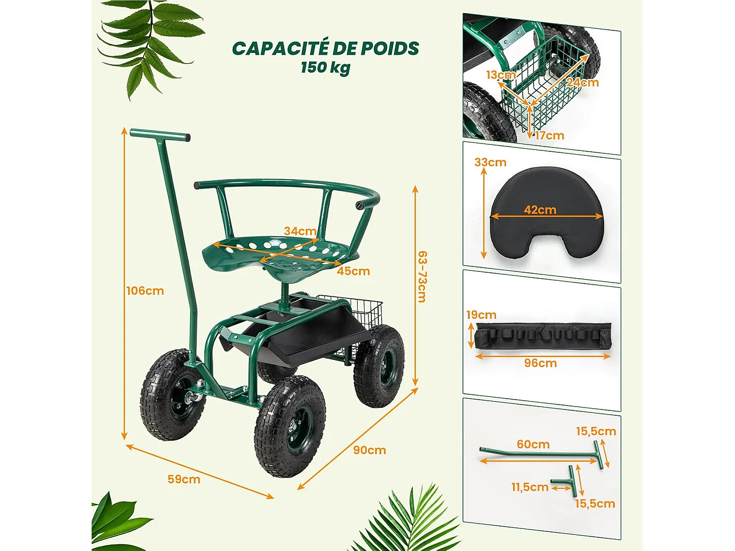 Siège de Jardin Roulant avec 2 Poignées de Direction, Chariot de Jardin avec Siège Pivotant à 360° Coussin Panier Plateau à Outils, 90 x 59 x 106 cm, Vert