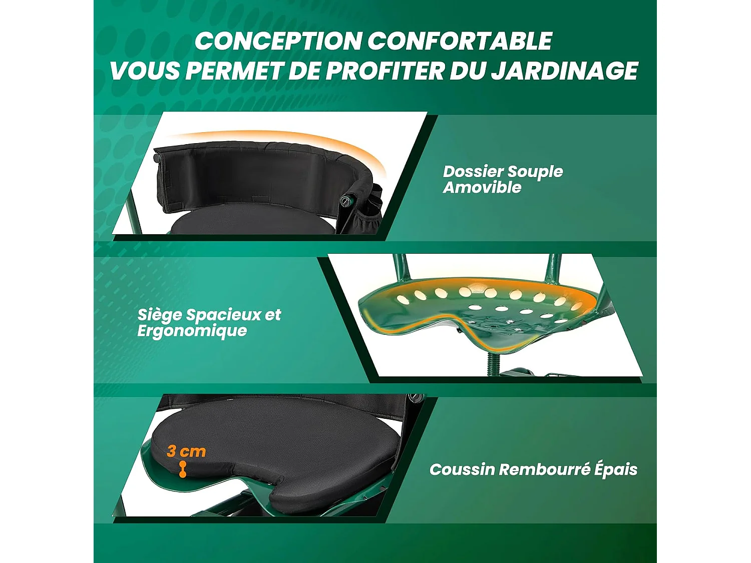 Siège de Jardin Roulant avec 2 Poignées de Direction, Chariot de Jardin avec Siège Pivotant à 360° Coussin Panier Plateau à Outils, 90 x 59 x 106 cm, Vert