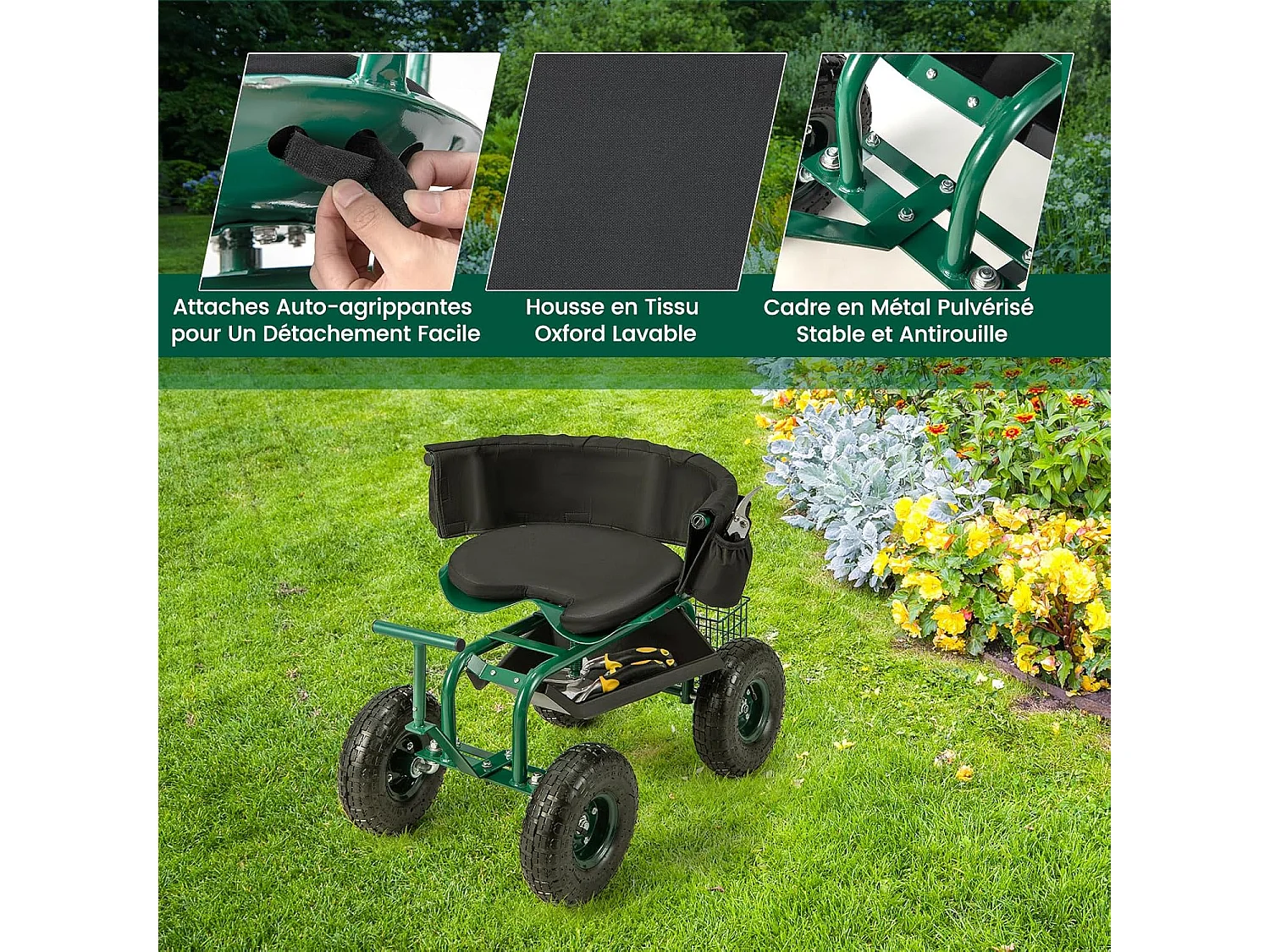 Siège de Jardin Roulant avec 2 Poignées de Direction, Chariot de Jardin avec Siège Pivotant à 360° Coussin Panier Plateau à Outils, 90 x 59 x 106 cm, Vert