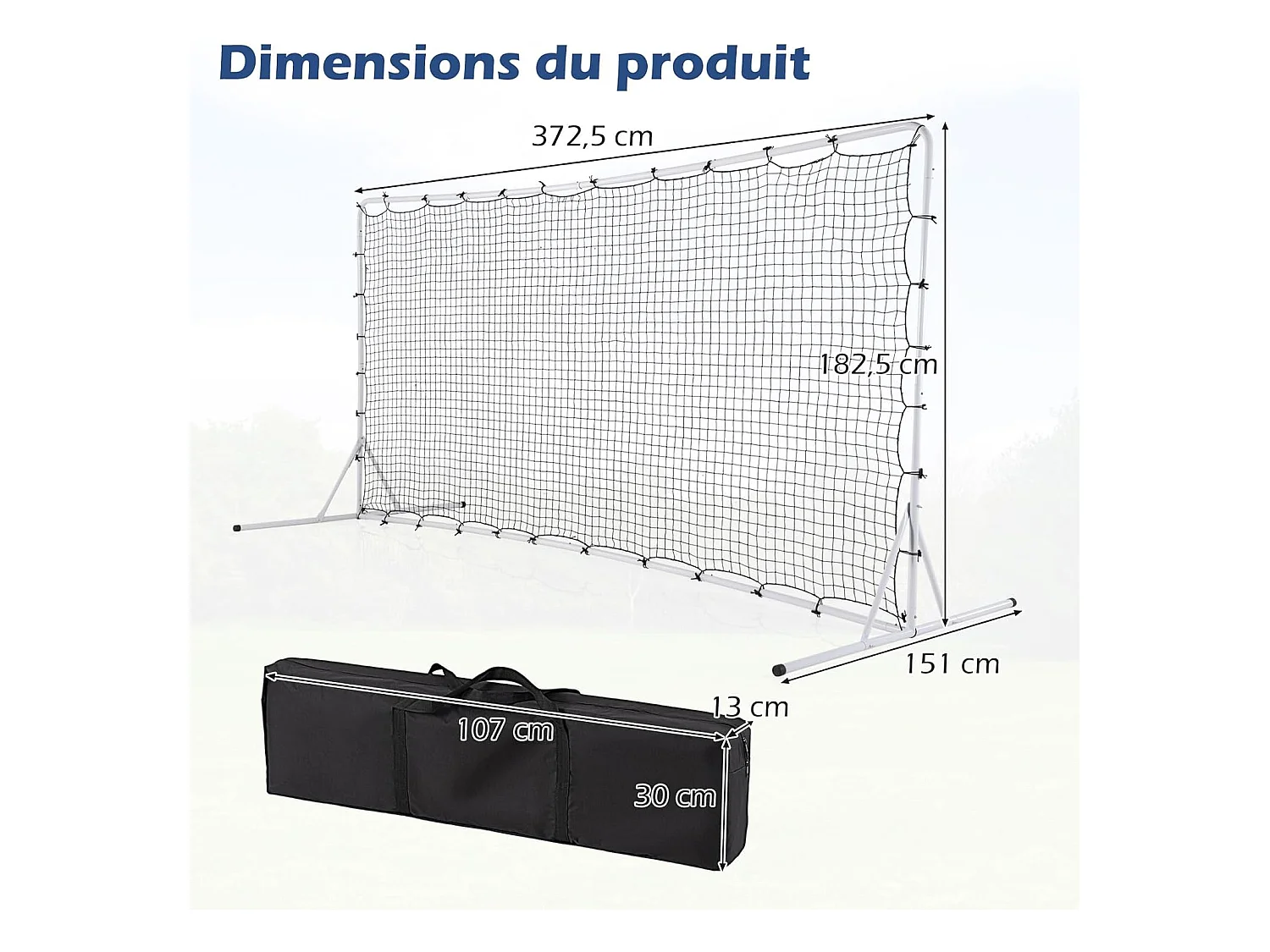 Filet de Rebond de Football 372,5x182,5cm, Equipement de Football avec Filet Toutes Saisons Sac de Transport 6 Piquets de Sol Installation Facile (Blanc)