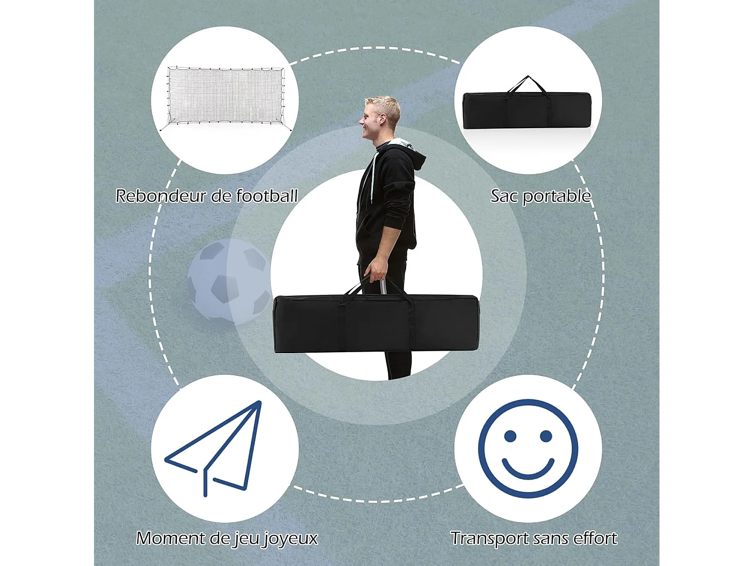 Filet de Rebond de Football 372,5x182,5cm, Equipement de Football avec Filet Toutes Saisons Sac de Transport 6 Piquets de Sol Installation Facile (Blanc)