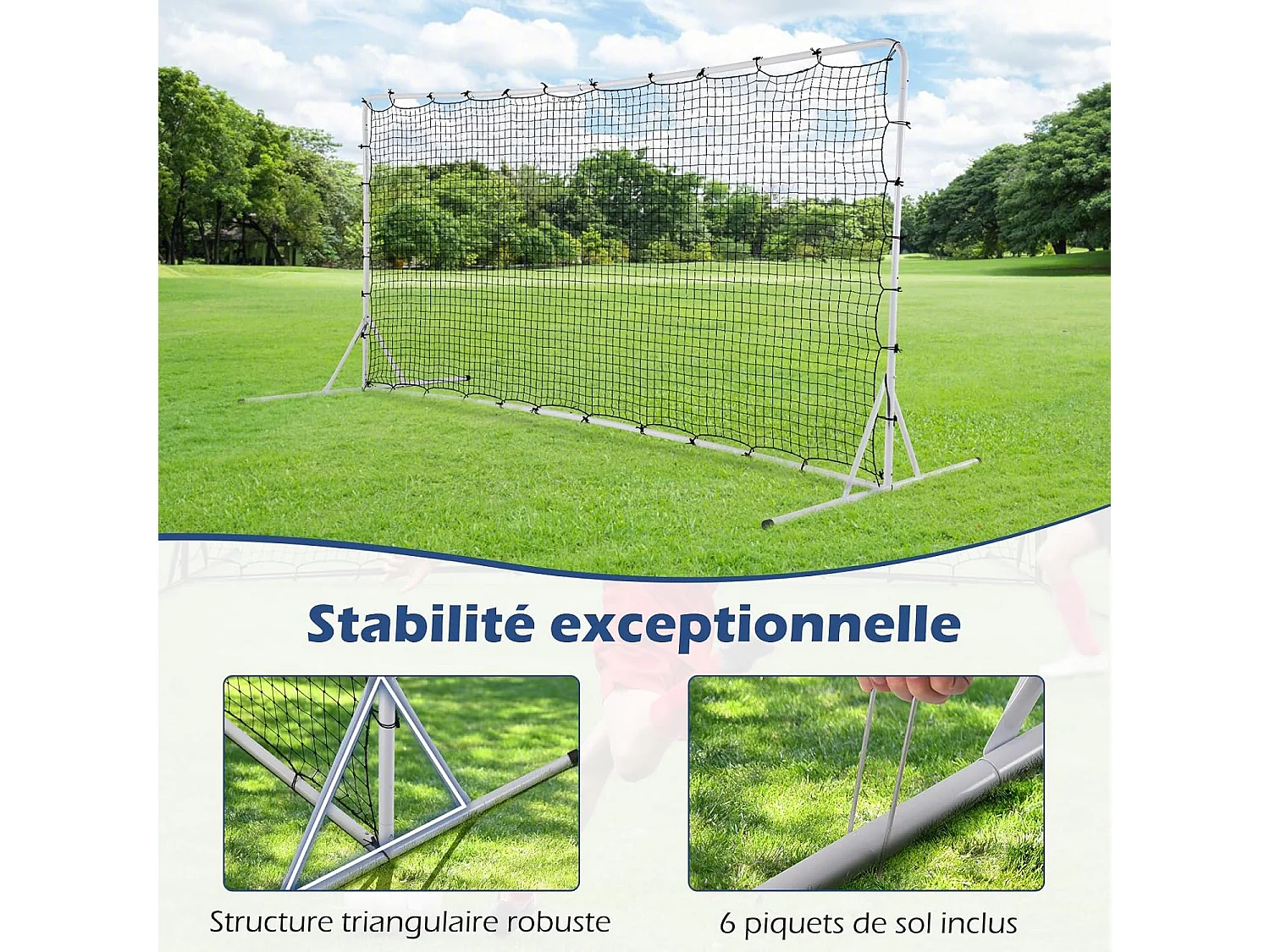 voetbal reboundnet 372,5 x 182,5 cm, all-weather voetbaluitrusting met net draagtas, 6 grondpennen, eenvoudige installatie, voor speeltuin, tuin en park (wit)