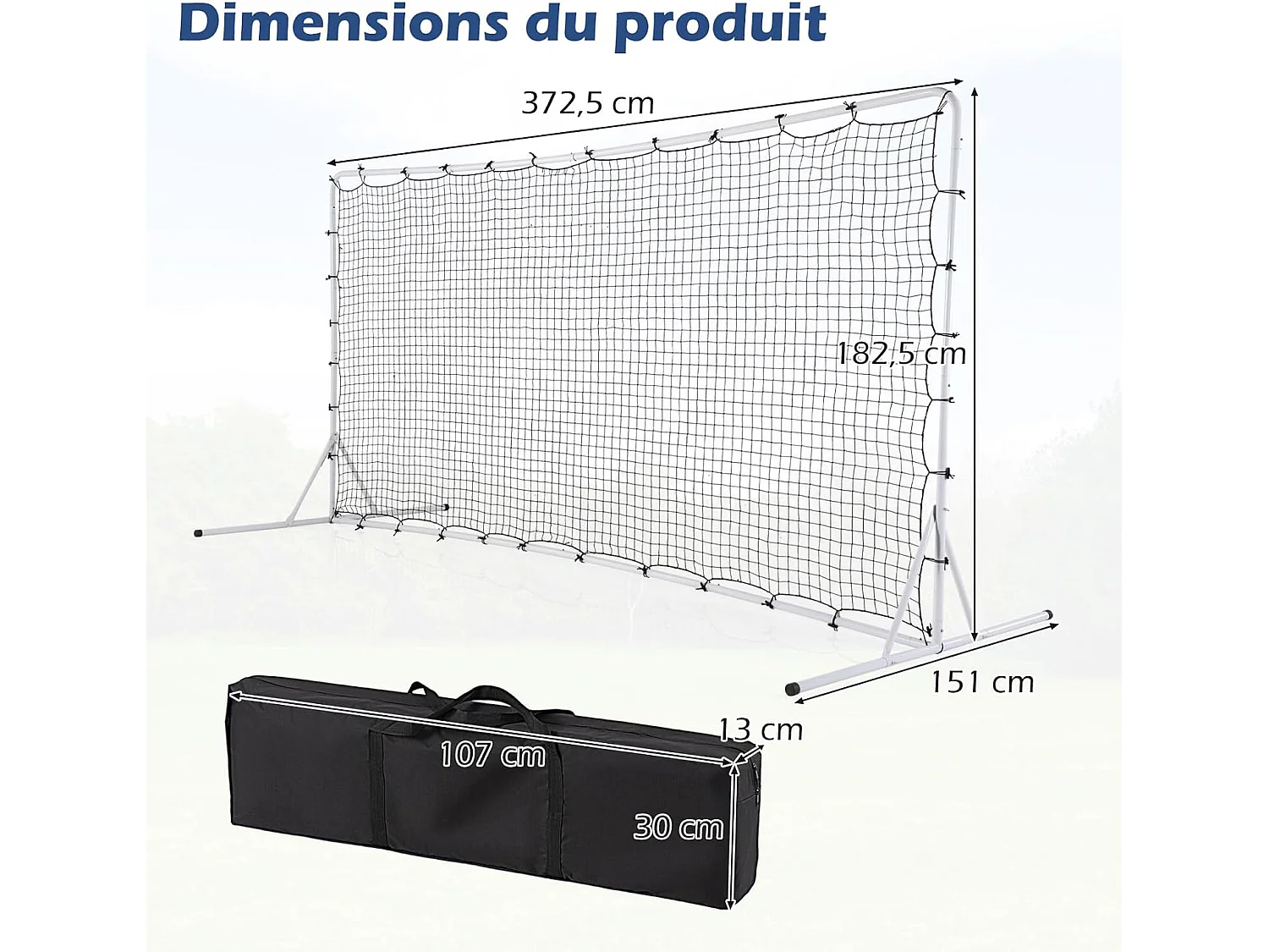 voetbal reboundnet 372,5 x 182,5 cm, all-weather voetbaluitrusting met net draagtas, 6 grondpennen, eenvoudige installatie, voor speeltuin, tuin en park (wit)