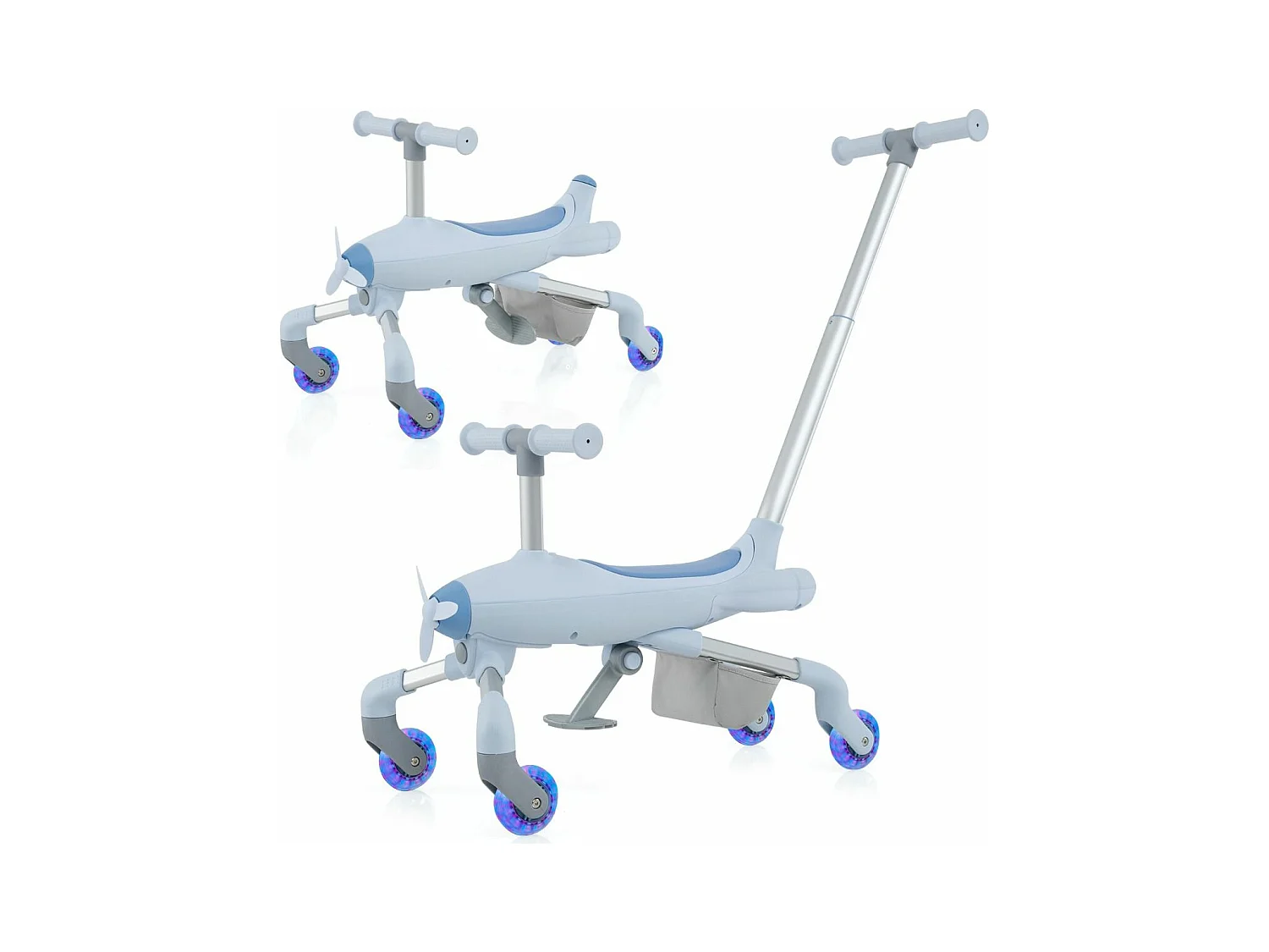 2 en 1 Tricycle Bébé Evolutif avec Putter, Draisienne Vélo Bébé avec Roues en PU & Lumières LED, Thème de l'Avion, Charge 50kg pour 18-72 Mois (Bleu)