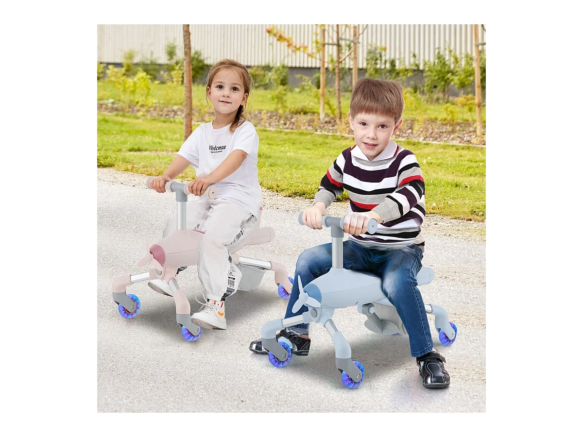 2 en 1 Tricycle Bébé Evolutif avec Putter, Draisienne Vélo Bébé avec Roues en PU & Lumières LED, Thème de l'Avion, Charge 50kg pour 18-72 Mois (Bleu)