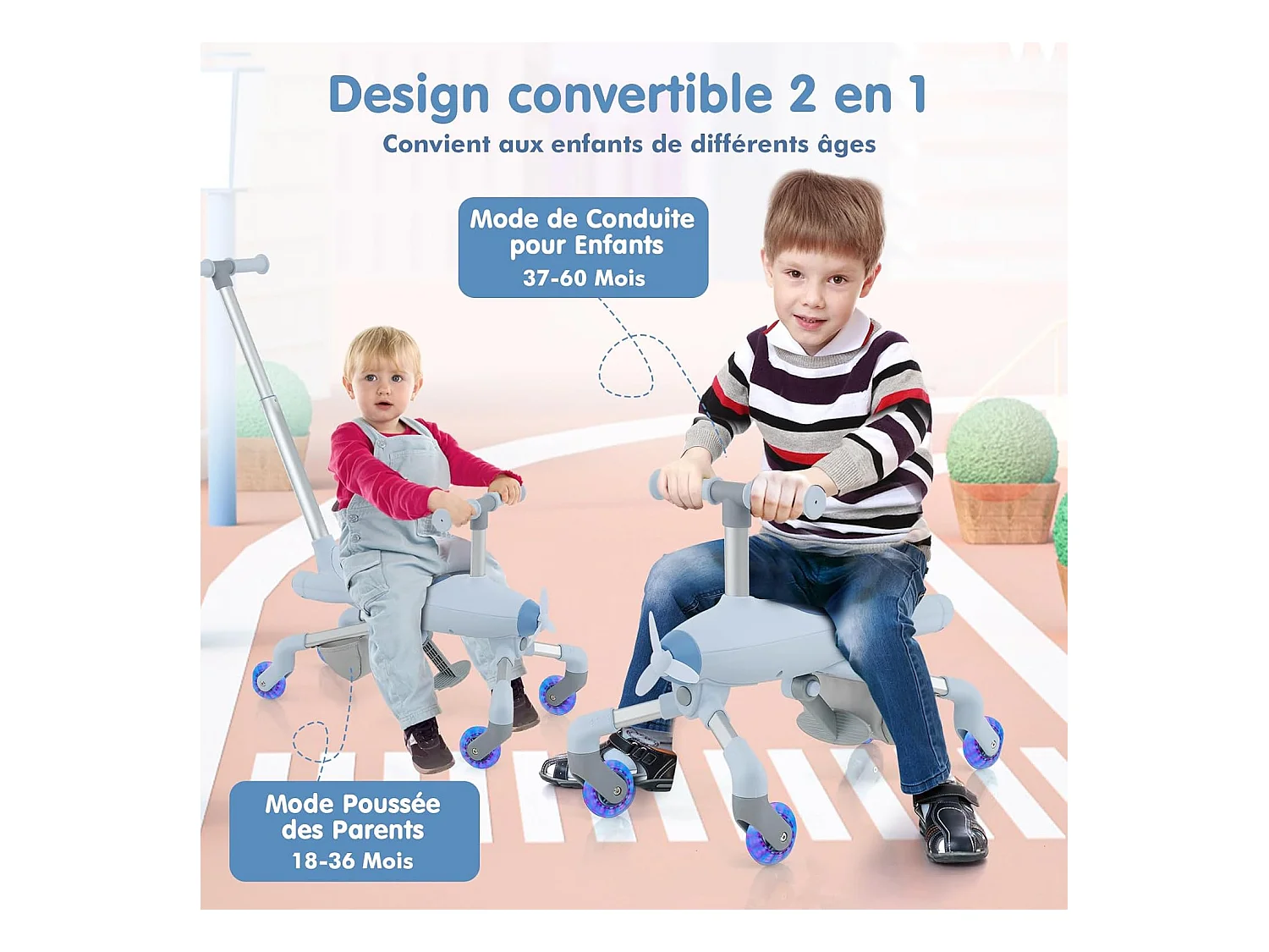 2 en 1 Tricycle Bébé Evolutif avec Putter, Draisienne Vélo Bébé avec Roues en PU & Lumières LED, Thème de l'Avion, Charge 50kg pour 18-72 Mois (Bleu)