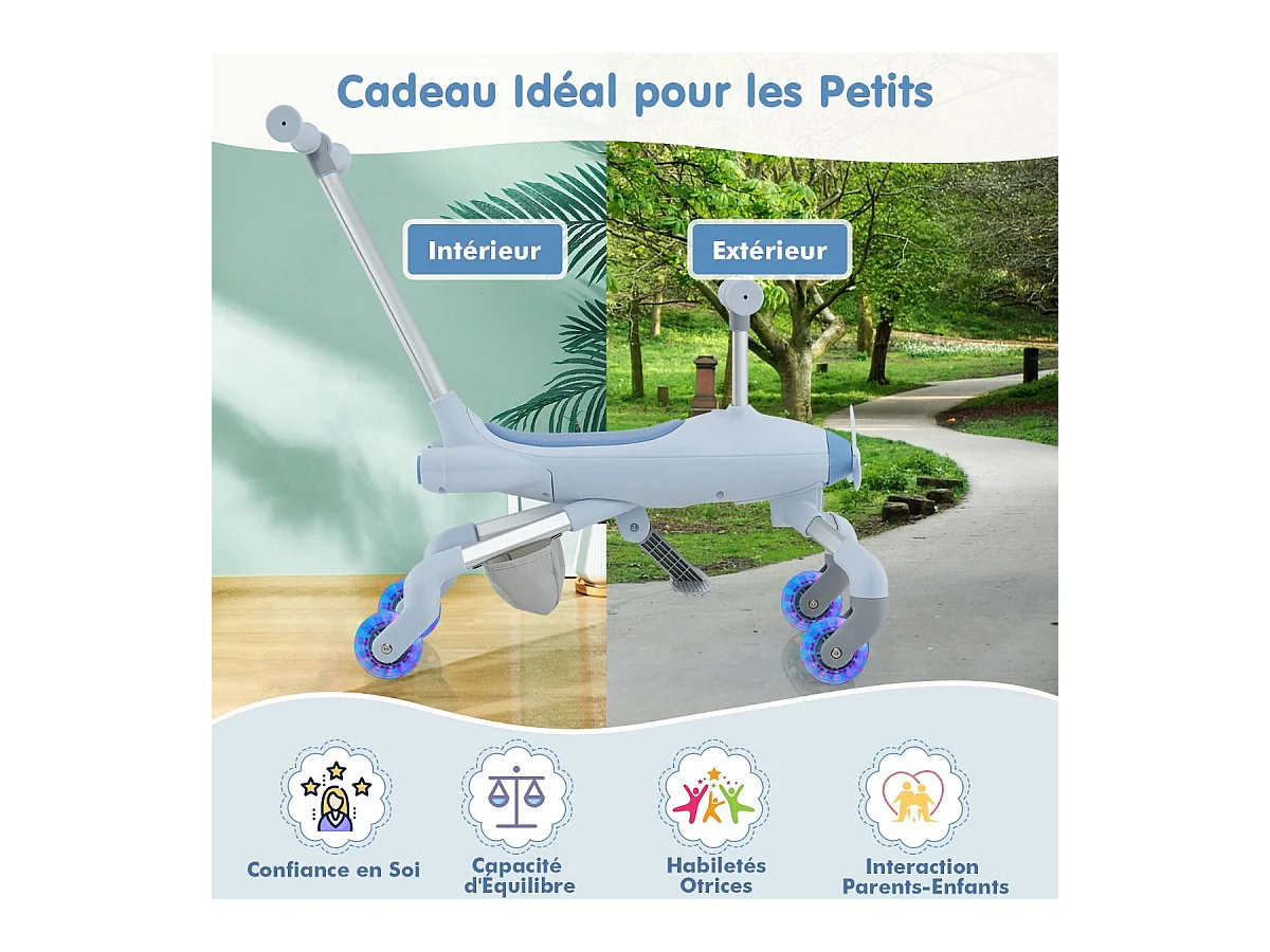 2 en 1 Tricycle Bébé Evolutif avec Putter, Draisienne Vélo Bébé avec Roues en PU & Lumières LED, Thème de l'Avion, Charge 50kg pour 18-72 Mois (Bleu)