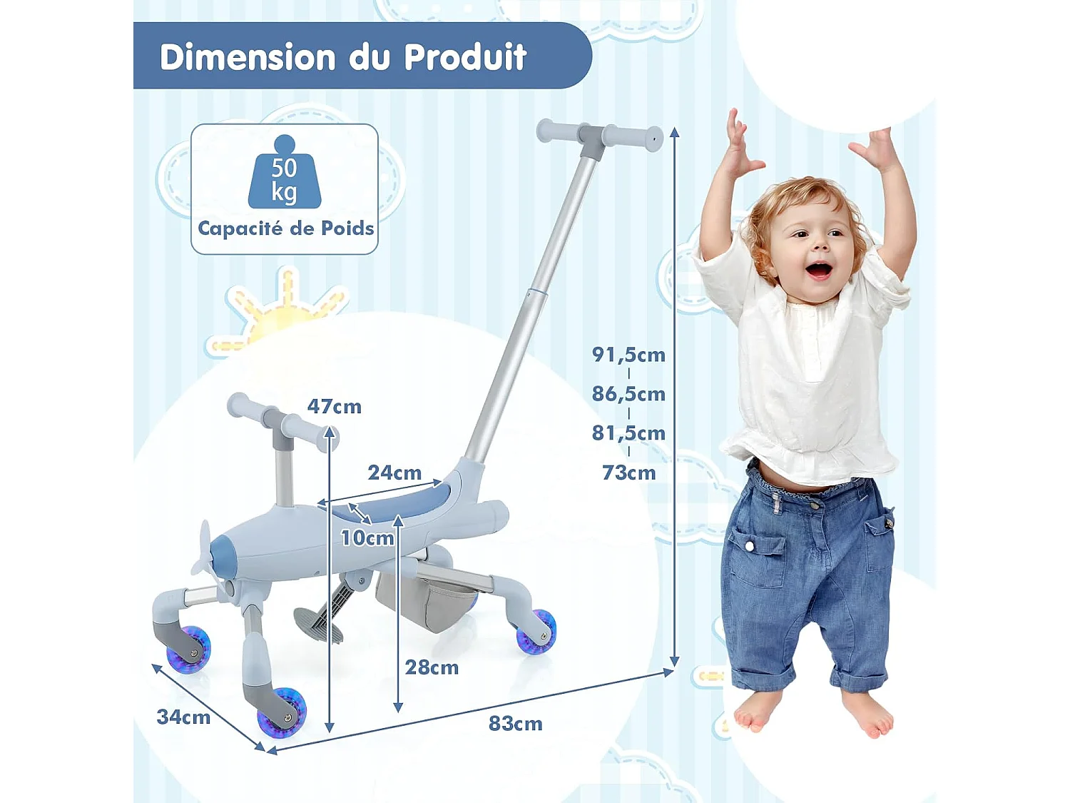 2 en 1 Tricycle Bébé Evolutif avec Putter, Draisienne Vélo Bébé avec Roues en PU & Lumières LED, Thème de l'Avion, Charge 50kg pour 18-72 Mois (Bleu)