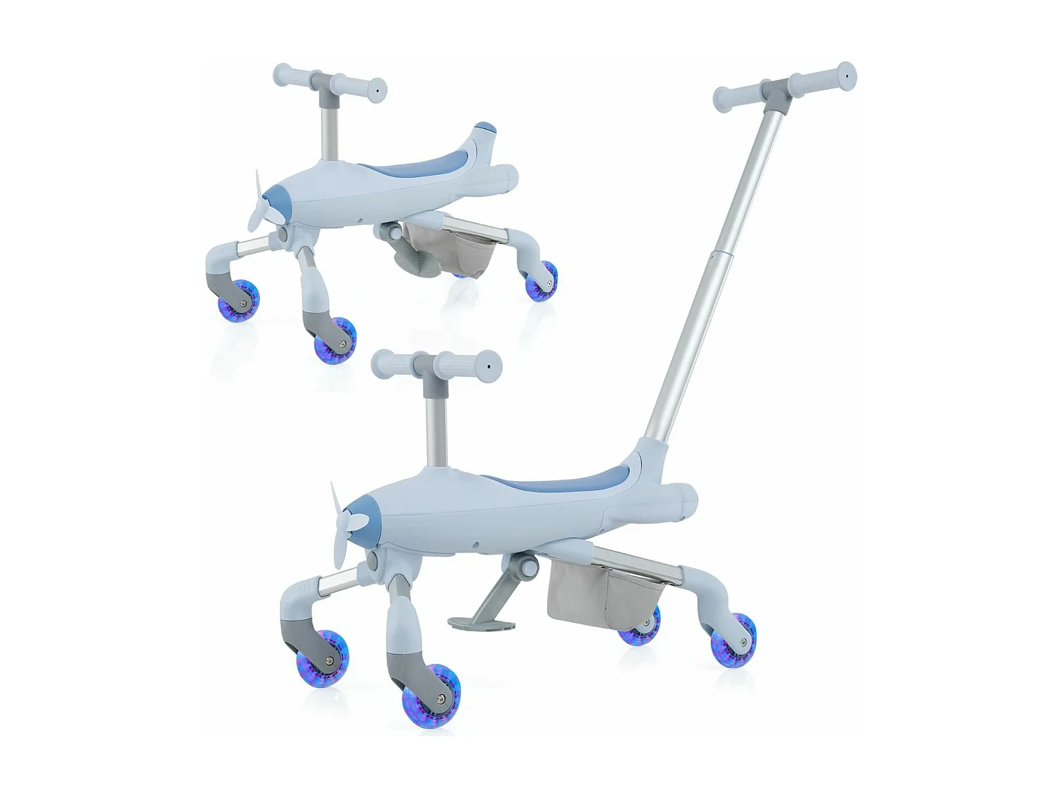 2 en 1 Tricycle Bébé Evolutif avec Putter, Draisienne Vélo Bébé avec Roues en PU & Lumières LED, Thème de l'Avion, Charge 50kg pour 18-72 Mois (Bleu)