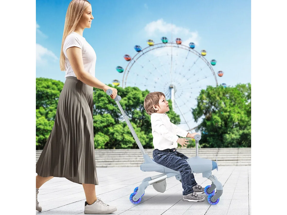 2 en 1 Tricycle Bébé Evolutif avec Putter, Draisienne Vélo Bébé avec Roues en PU & Lumières LED, Thème de l'Avion, Charge 50kg pour 18-72 Mois (Bleu)