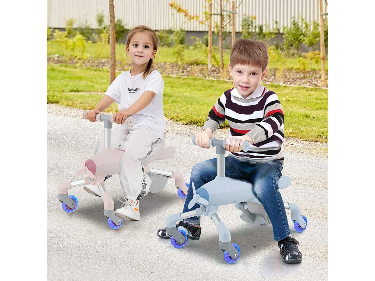2 en 1 Tricycle Bébé Evolutif avec Putter, Draisienne Vélo Bébé avec Roues en PU & Lumières LED, Thème de l'Avion, Charge 50kg pour 18-72 Mois (Bleu)