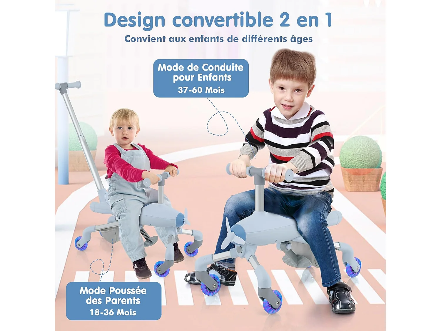 2 en 1 Tricycle Bébé Evolutif avec Putter, Draisienne Vélo Bébé avec Roues en PU & Lumières LED, Thème de l'Avion, Charge 50kg pour 18-72 Mois (Bleu)