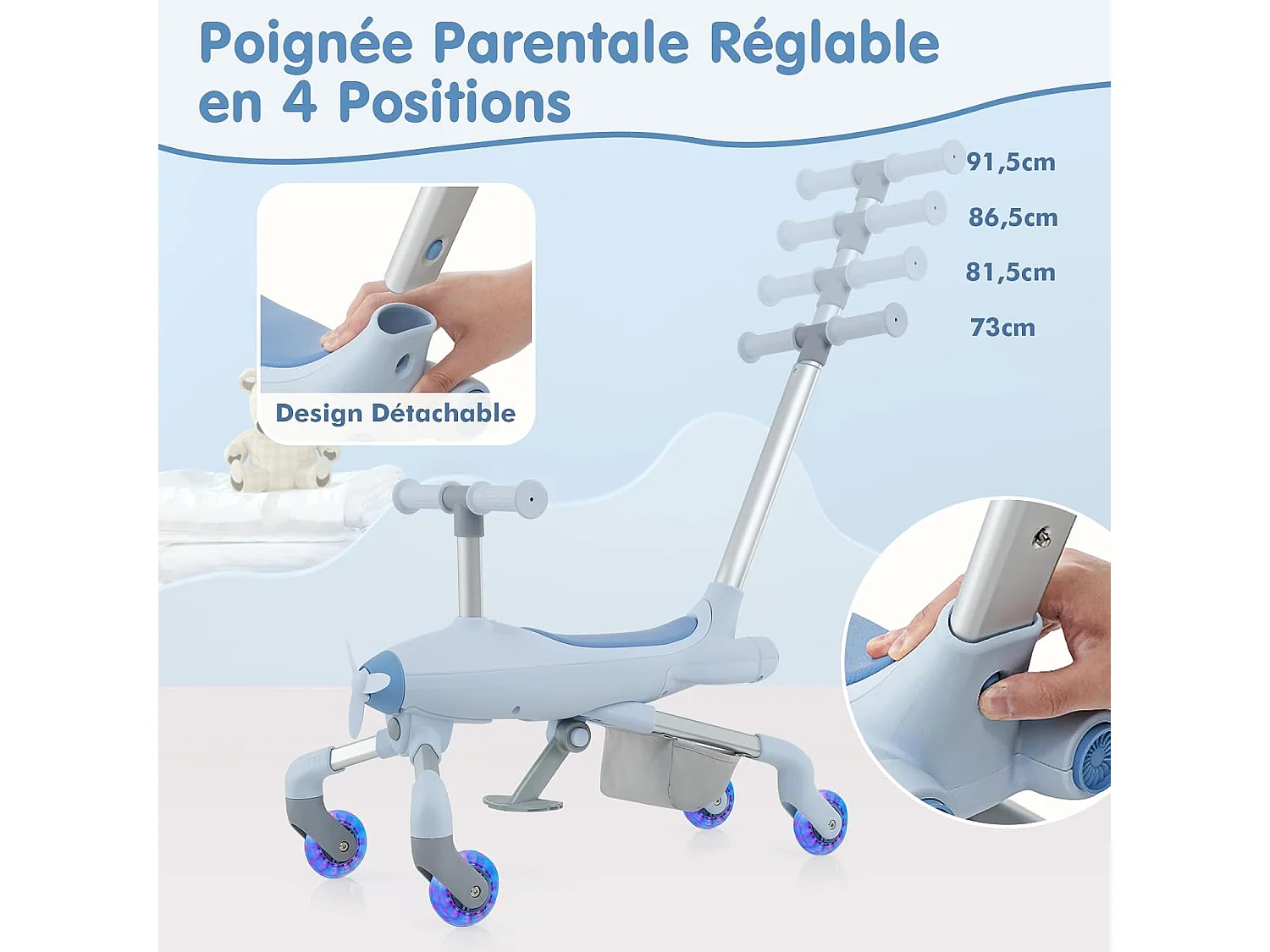 2 en 1 Tricycle Bébé Evolutif avec Putter, Draisienne Vélo Bébé avec Roues en PU & Lumières LED, Thème de l'Avion, Charge 50kg pour 18-72 Mois (Bleu)