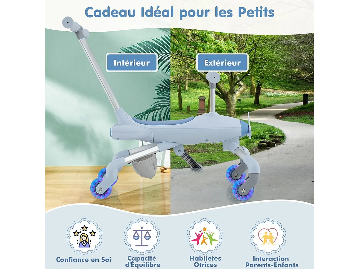 2 en 1 Tricycle Bébé Evolutif avec Putter, Draisienne Vélo Bébé avec Roues en PU & Lumières LED, Thème de l'Avion, Charge 50kg pour 18-72 Mois (Bleu)