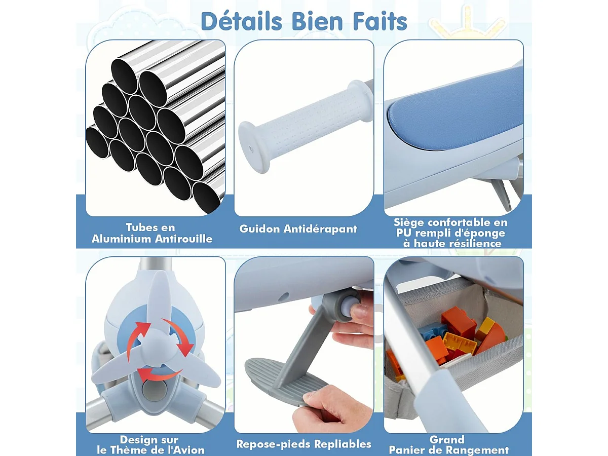 2 en 1 Tricycle Bébé Evolutif avec Putter, Draisienne Vélo Bébé avec Roues en PU & Lumières LED, Thème de l'Avion, Charge 50kg pour 18-72 Mois (Bleu)